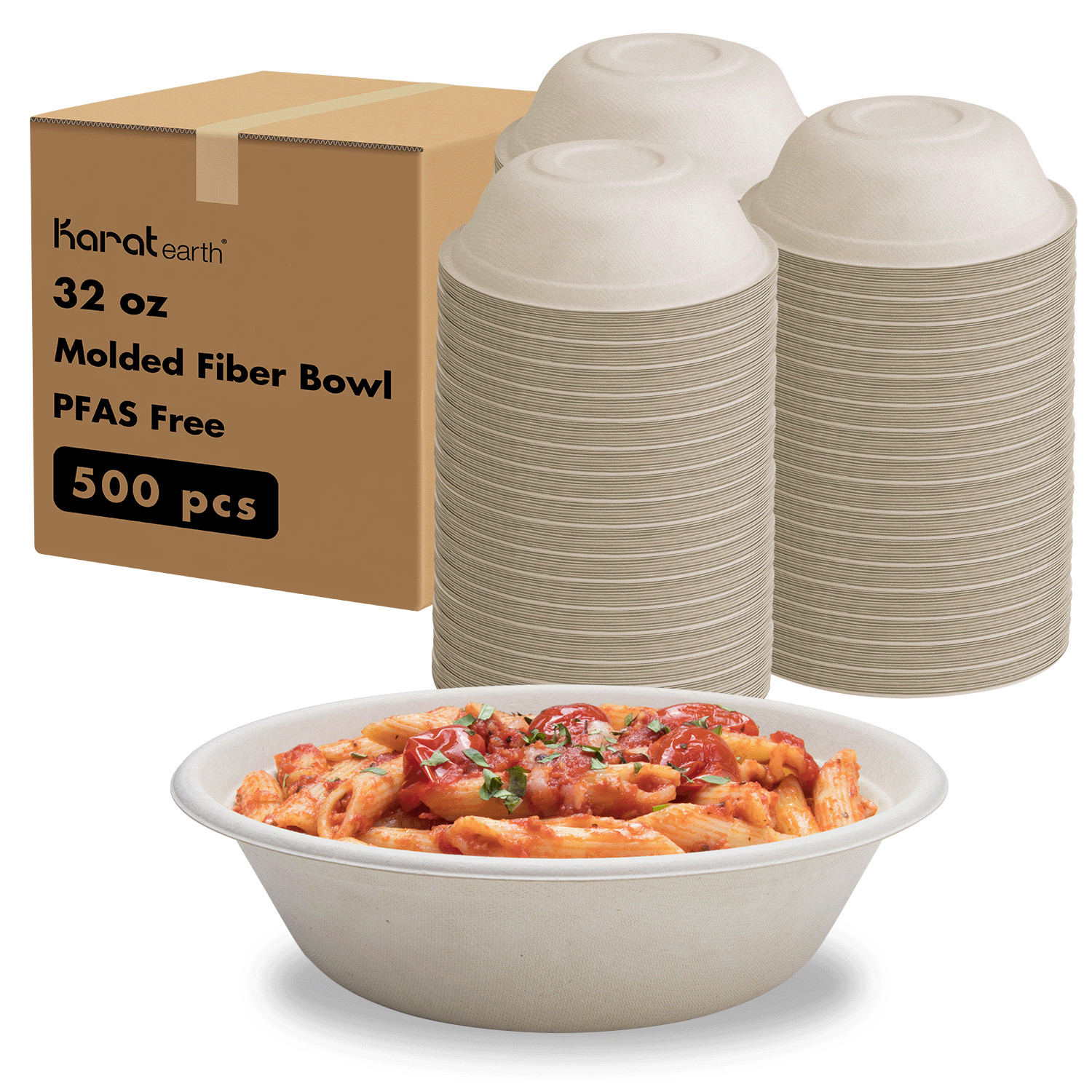 Karat Earth 32oz Paper Round Bowl, PFAS Free, Molded Fiber, Natural – 500 pcs