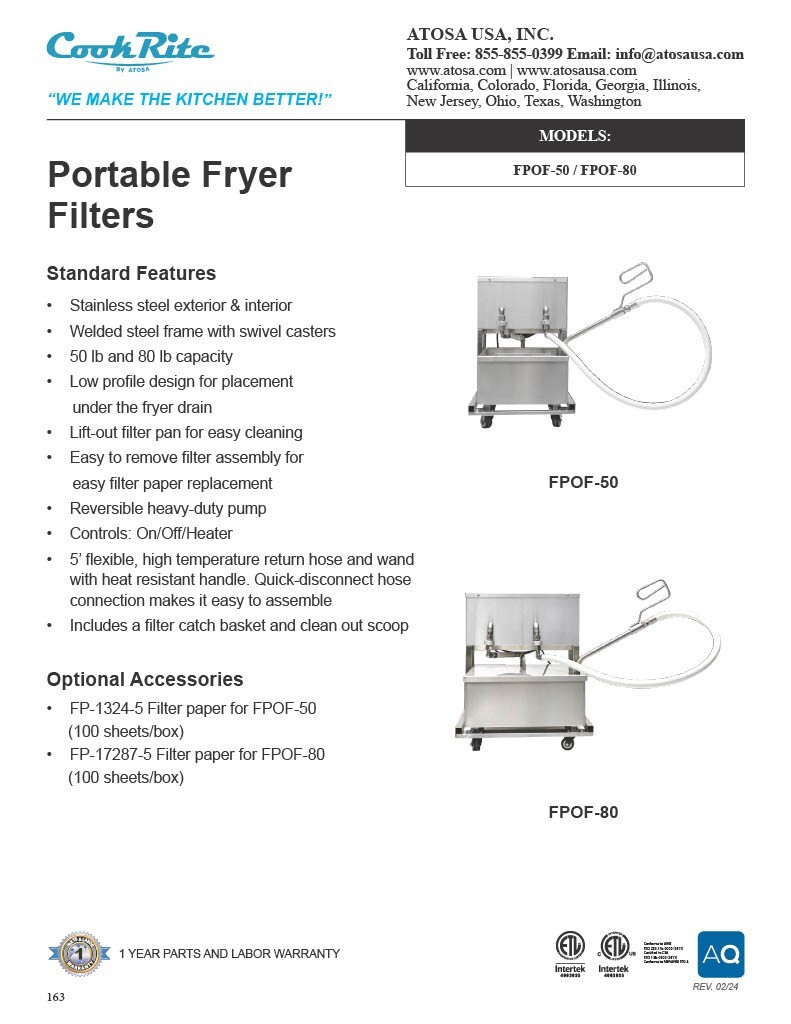 ATOSA FPOF-80 80LB Portable Fryer Oil Filter WITH 5 YEAR PARTS & LABOR WARRANTY
