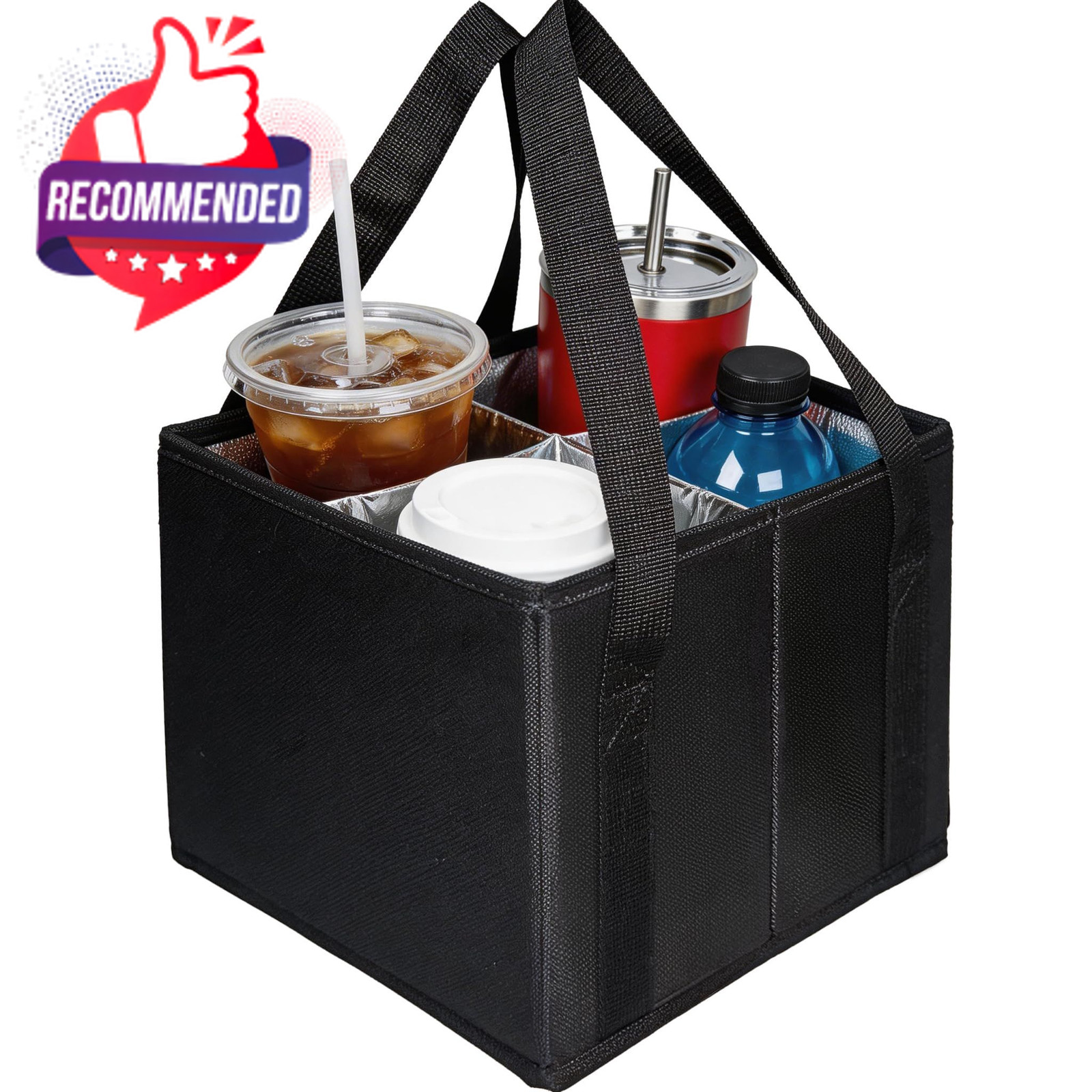 COMFORTKEEPER Reusable Drink Carrier with Handle, Insulated 4 Cups, Black