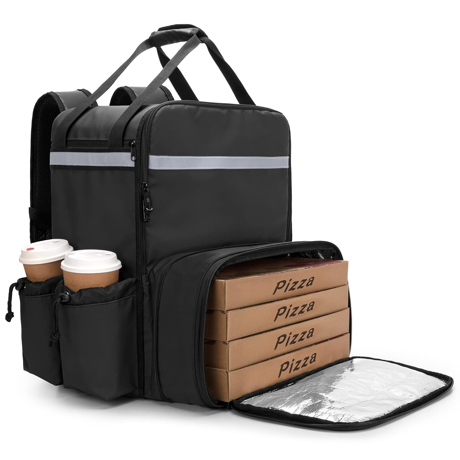 Expandable Food Delivery Backpack with 4 Cups Holder, 14” Pizza Delivery Bag