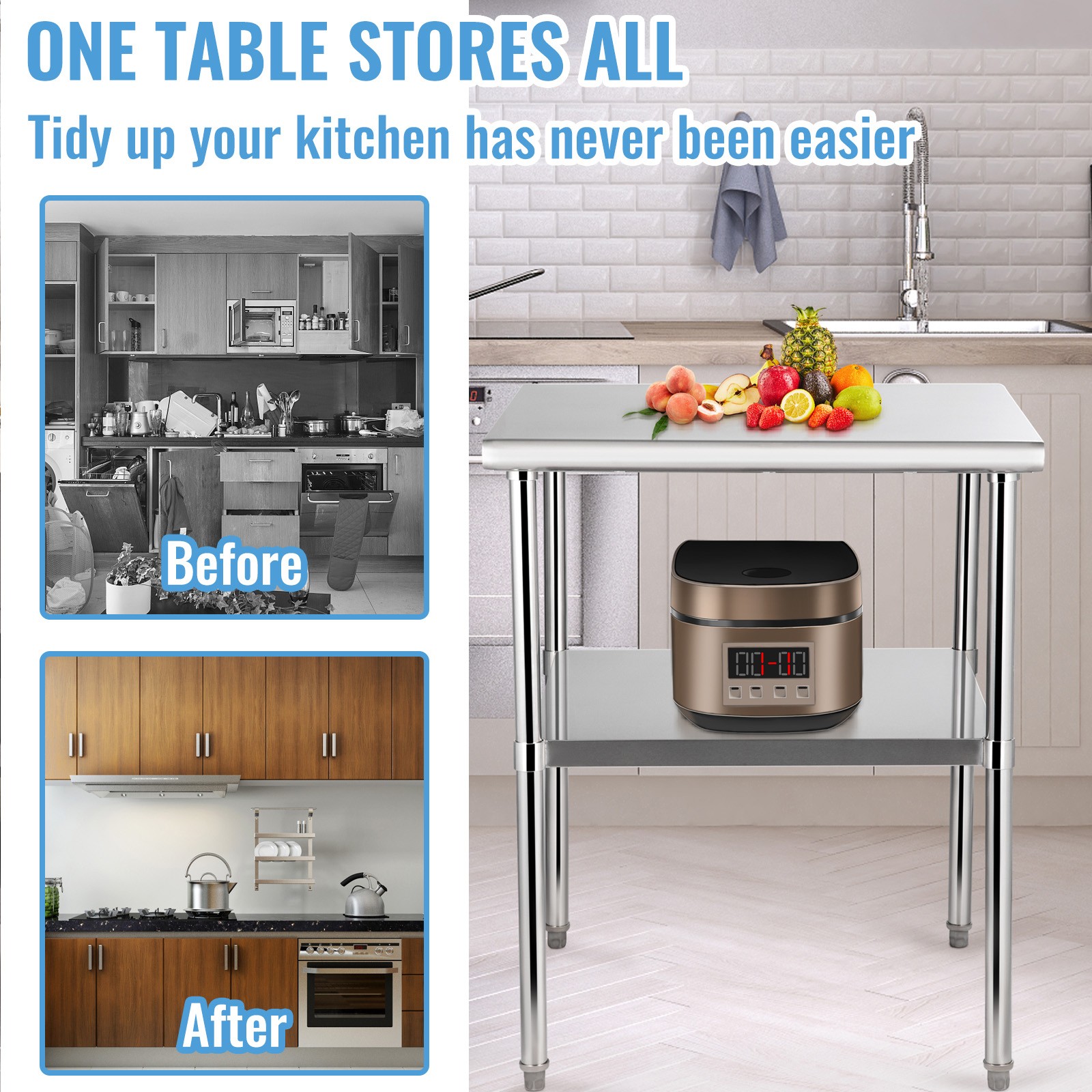 Uimoso Stainless Steel Commercial Prep Table for Food Service, 30x30x36in