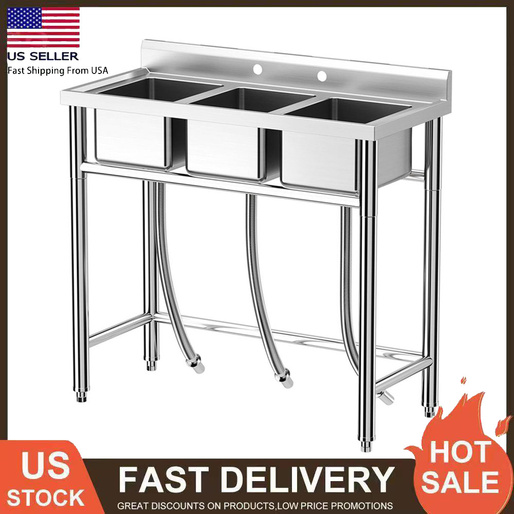 Three Compartment Commercial Kitchen Sink Stainless Steel with Hot & Cold Hoses