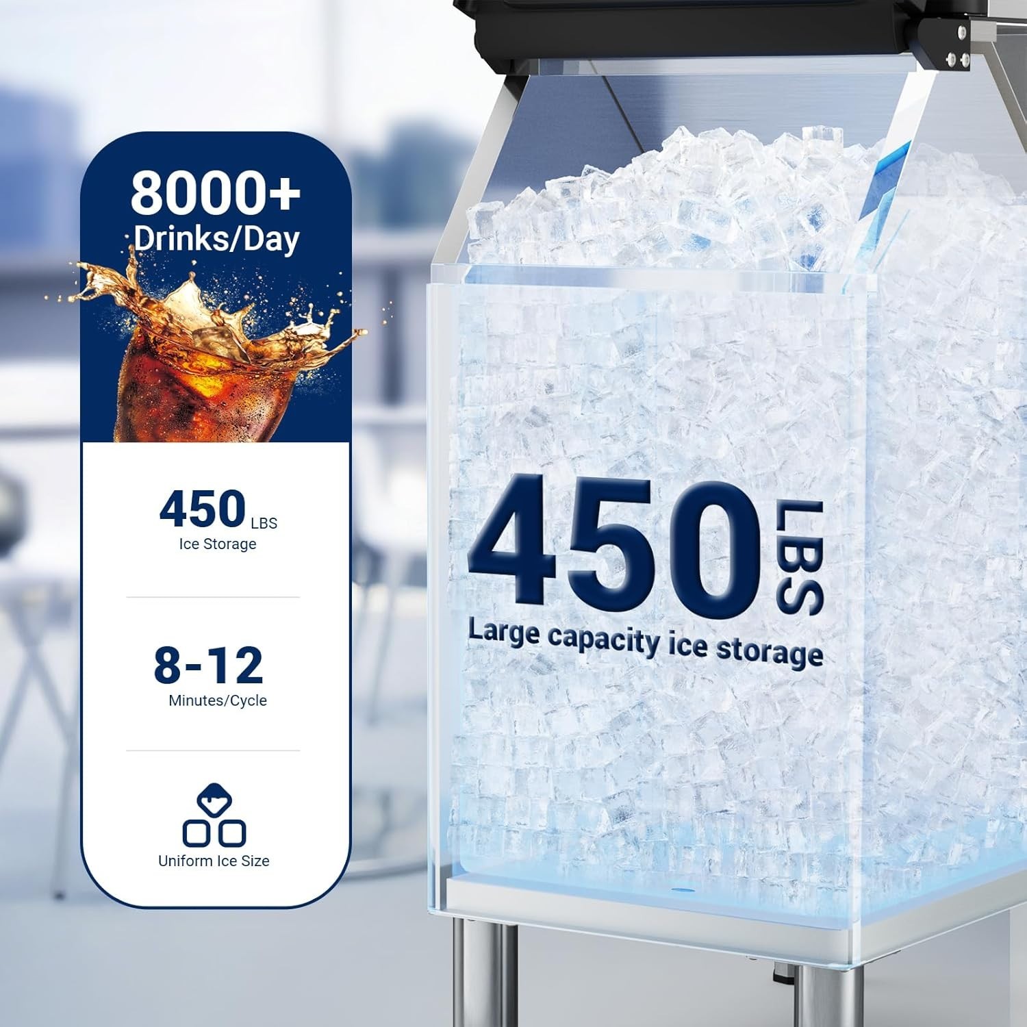 Commercial Ice Maker 780LBS/24H Ice Machine with 450 LBS Storage Ice in 8-15 min