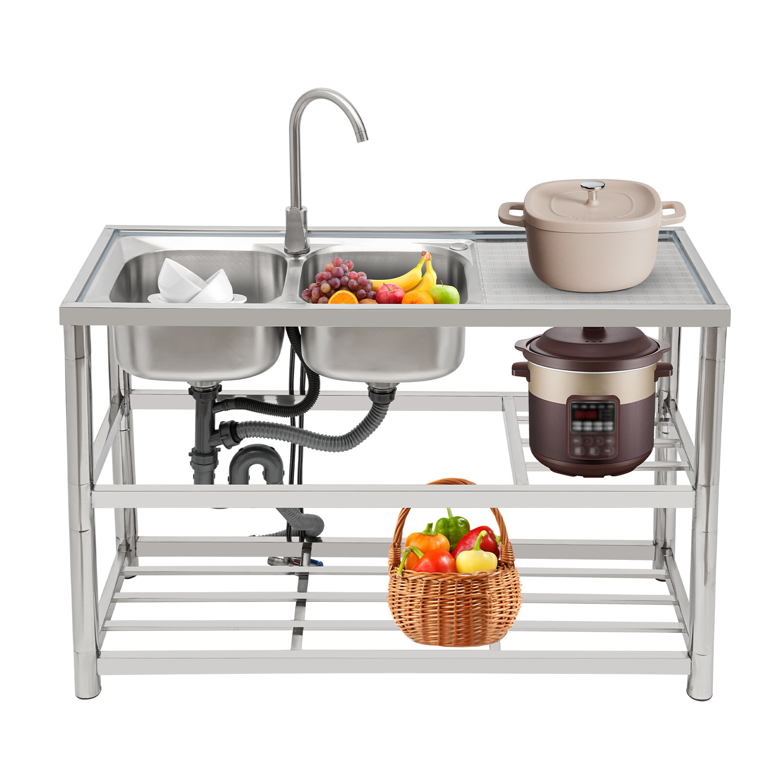 Free Standing Stainless Steel Kitchen Sink Dual Bowl Commercial Restaurant Kit