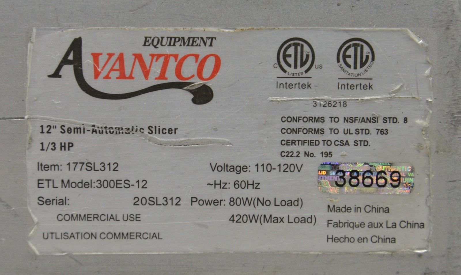Avantco SL312 12″ Semi-Automatic Gravity Feed Meat Slicer 1/3 hp