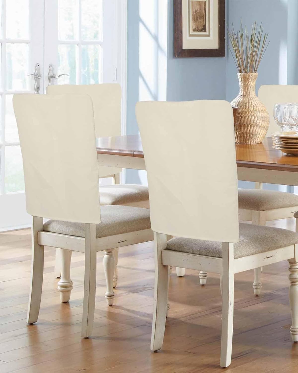Cream Beige Chair Back Covers for Dining Room, Farmhouse Solid Cream Color Linen