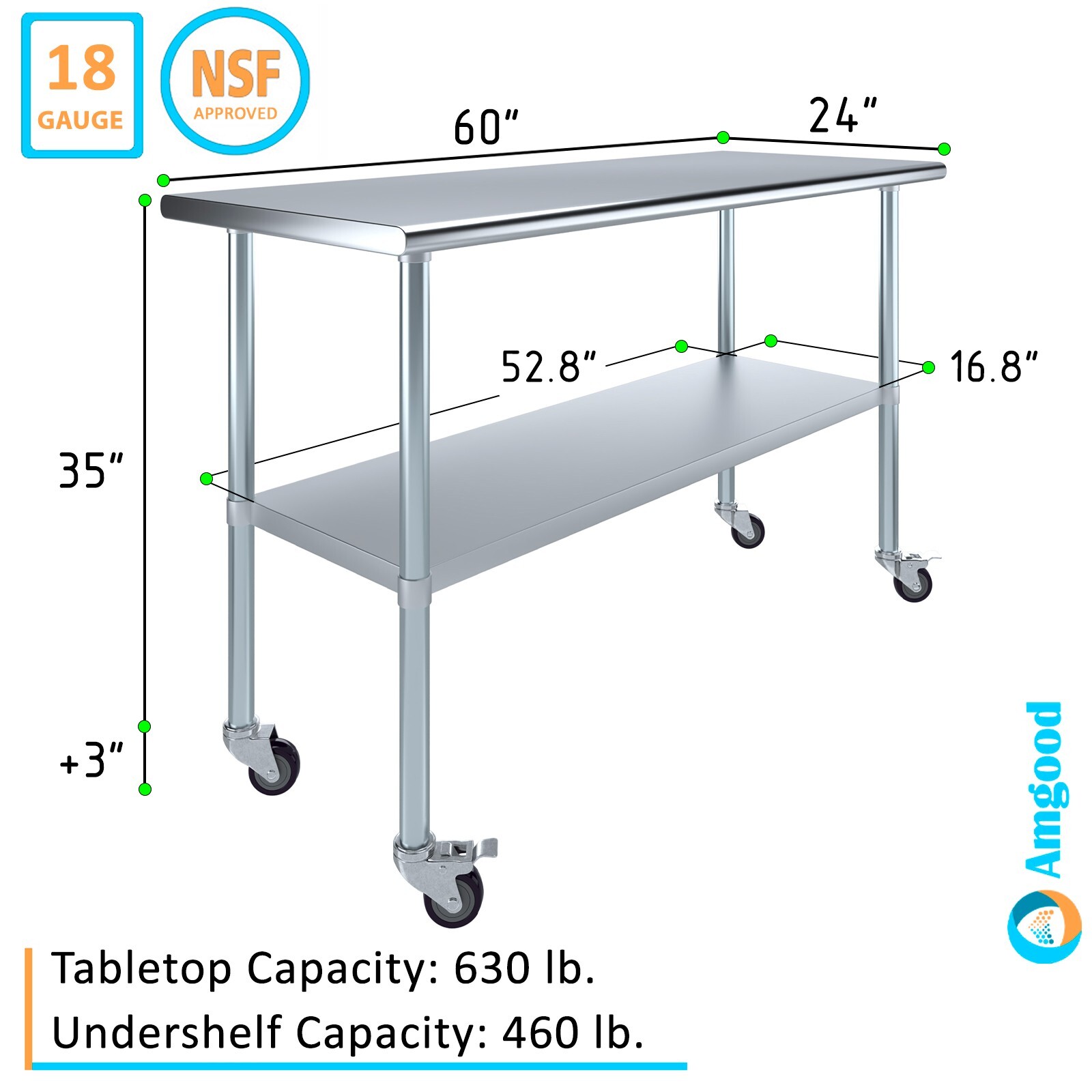 24 in. x 60 in. Stainless Steel Work Table with Wheels | Mobile Food Prep