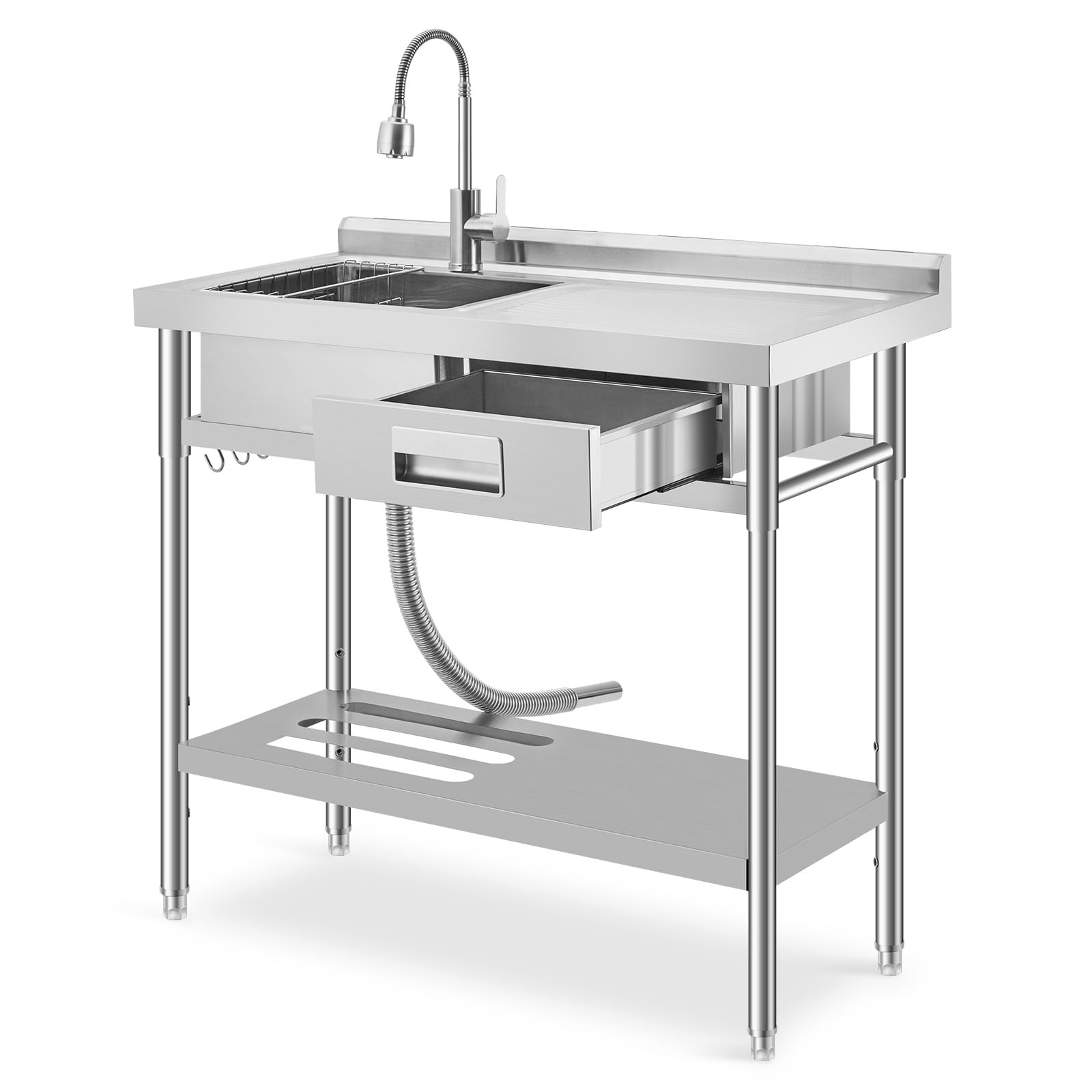 39″ Stainless Steel Utility Sink, Freestanding Single Bowl Kitchen Sink & Faucet
