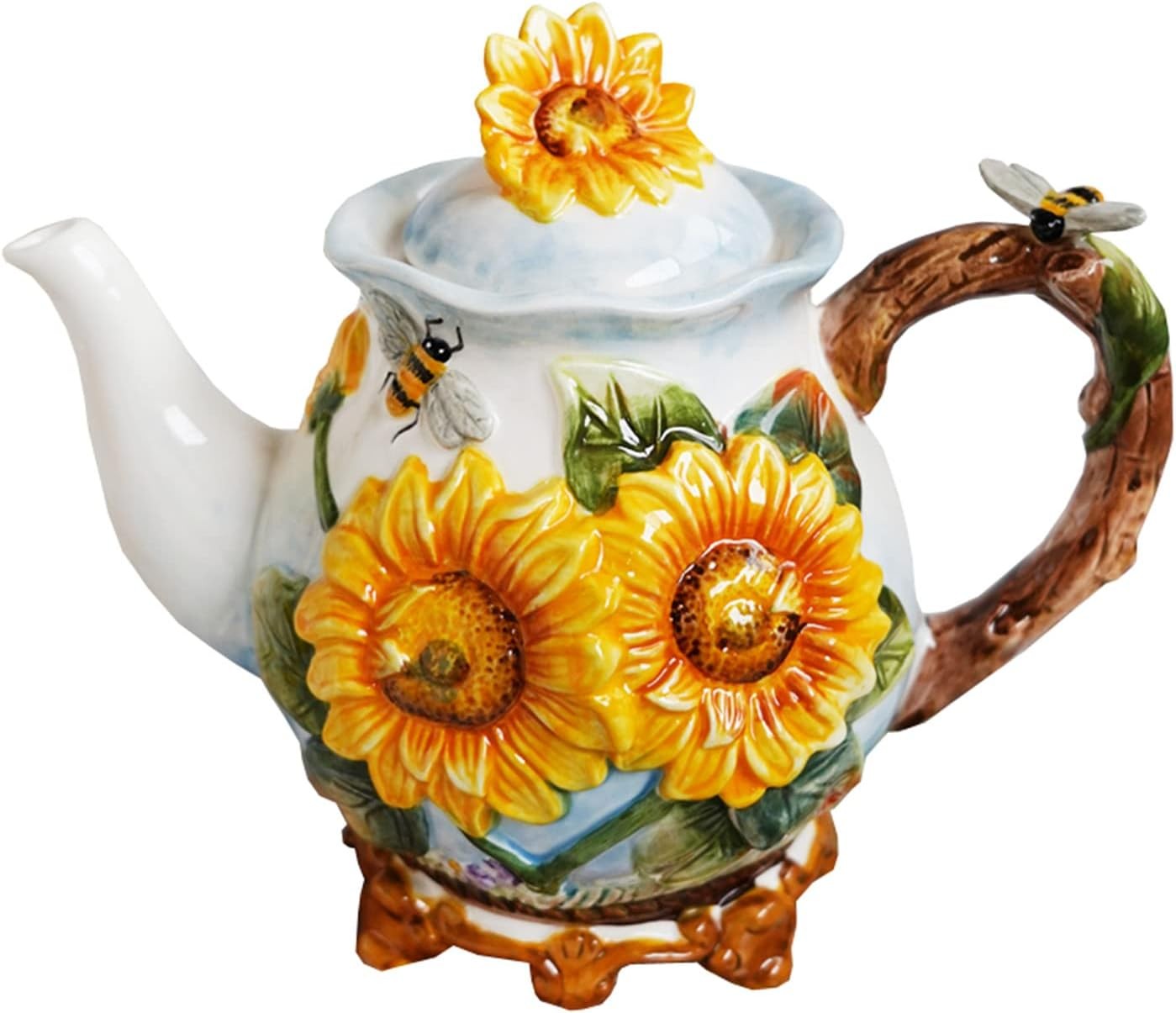 Ceramic Coffee Pot, 3D Hand- Painted 37oz Sunflower and Bee Teapot, Home