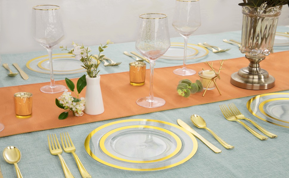 210PCS Gold Plastic Plates – Heavy Duty Clear Gold Disposable Plates Includes 30