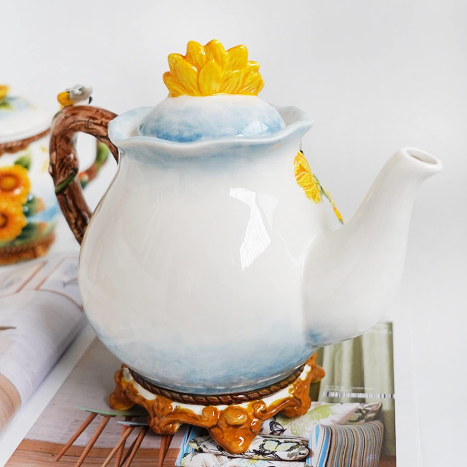 Ceramic Coffee Pot, 3D Hand- Painted 37oz Sunflower and Bee Teapot, Home