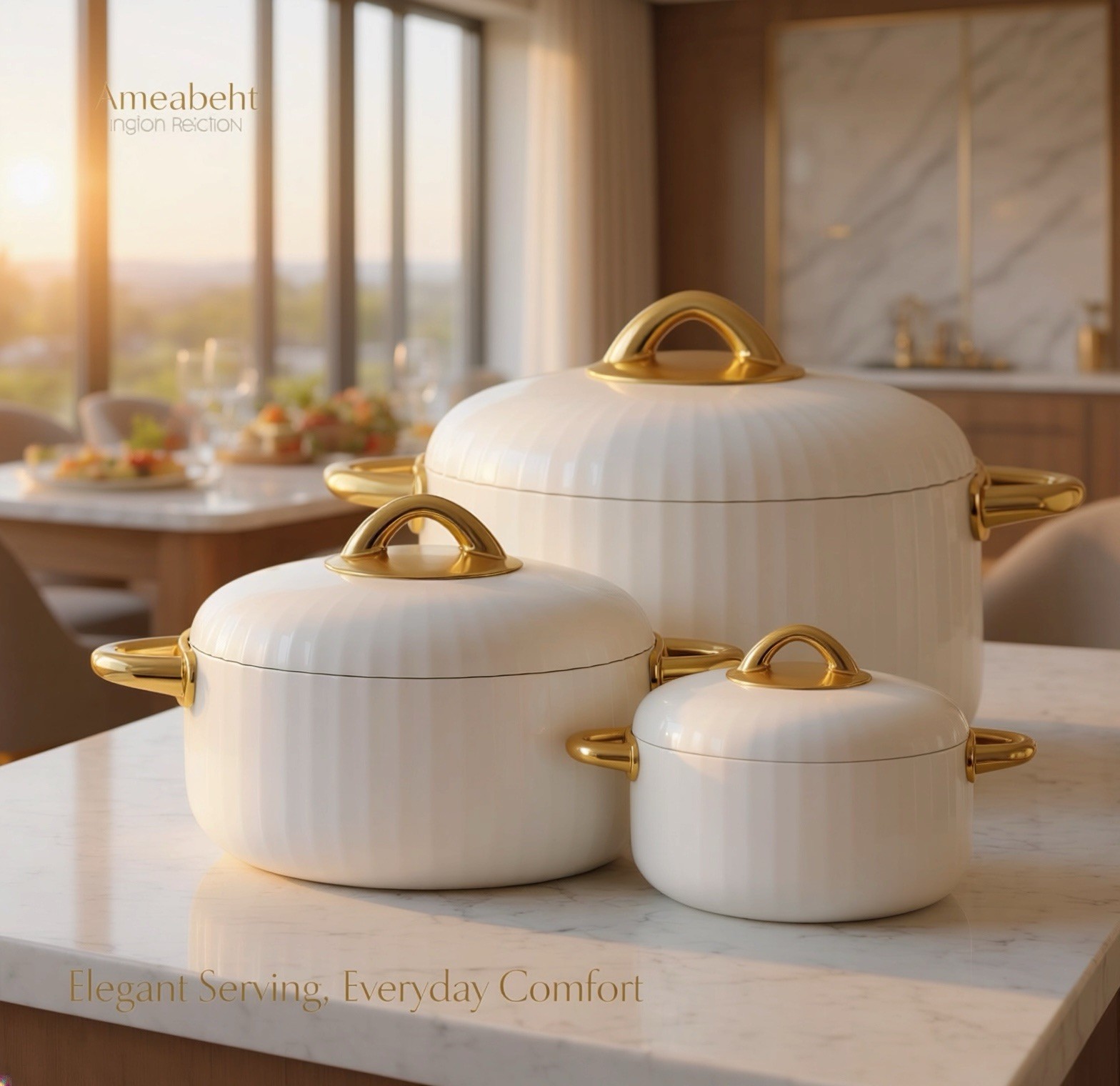 3pc Insulated Casserole Set Stainless Steel Food Warmer Hot Pot White Gold 1L/2L