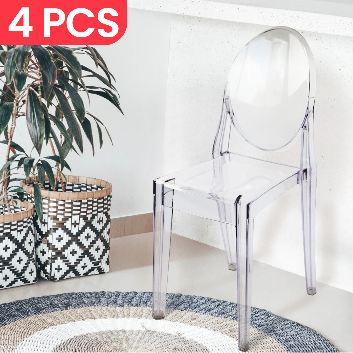 Set of 4 Ghost Chairs Transparent Crystal Acrylic Stacking Chair for Events Home