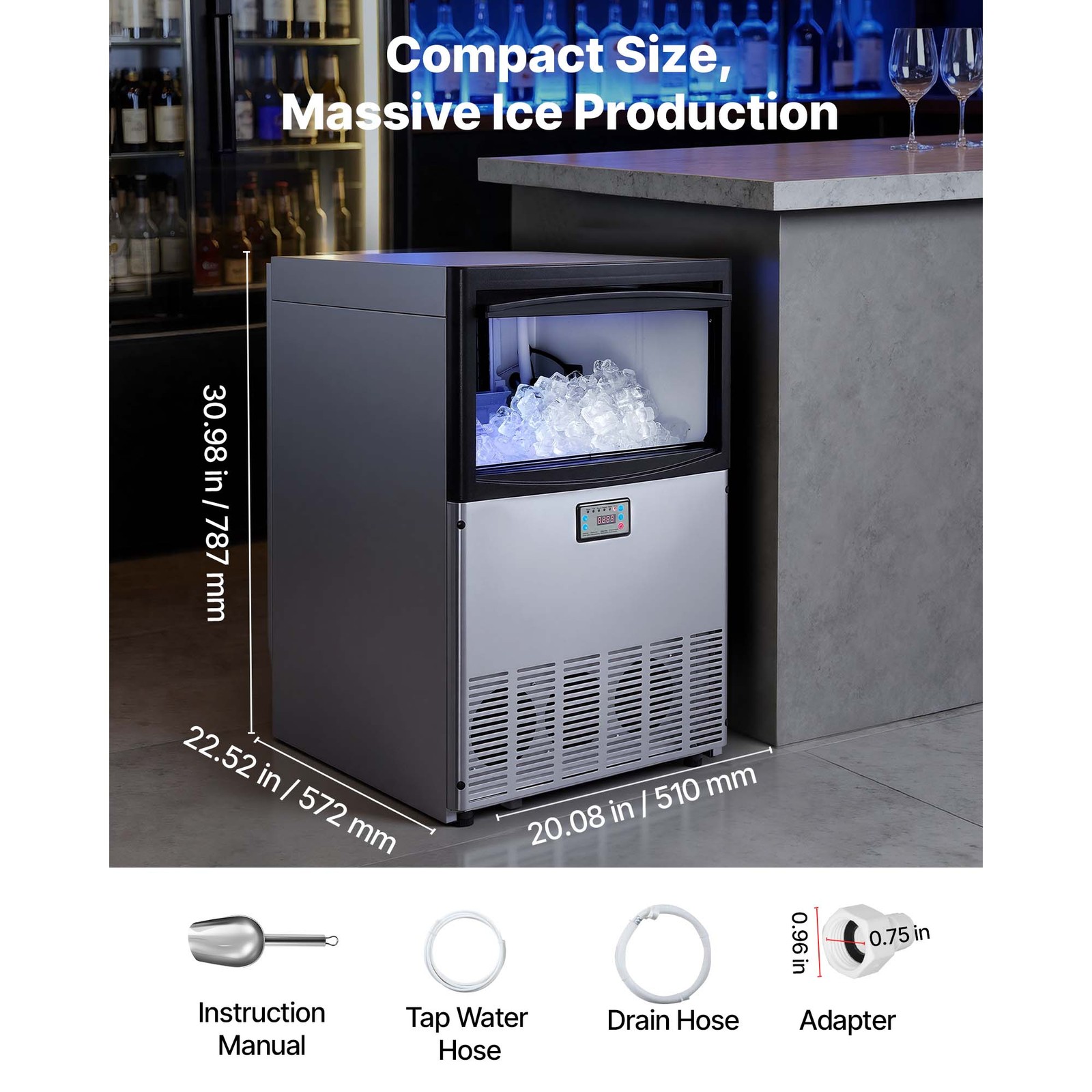 Uimoso 200lbs Commercial Ice Maker Stainless Steel Built-in Ice Cube Machine