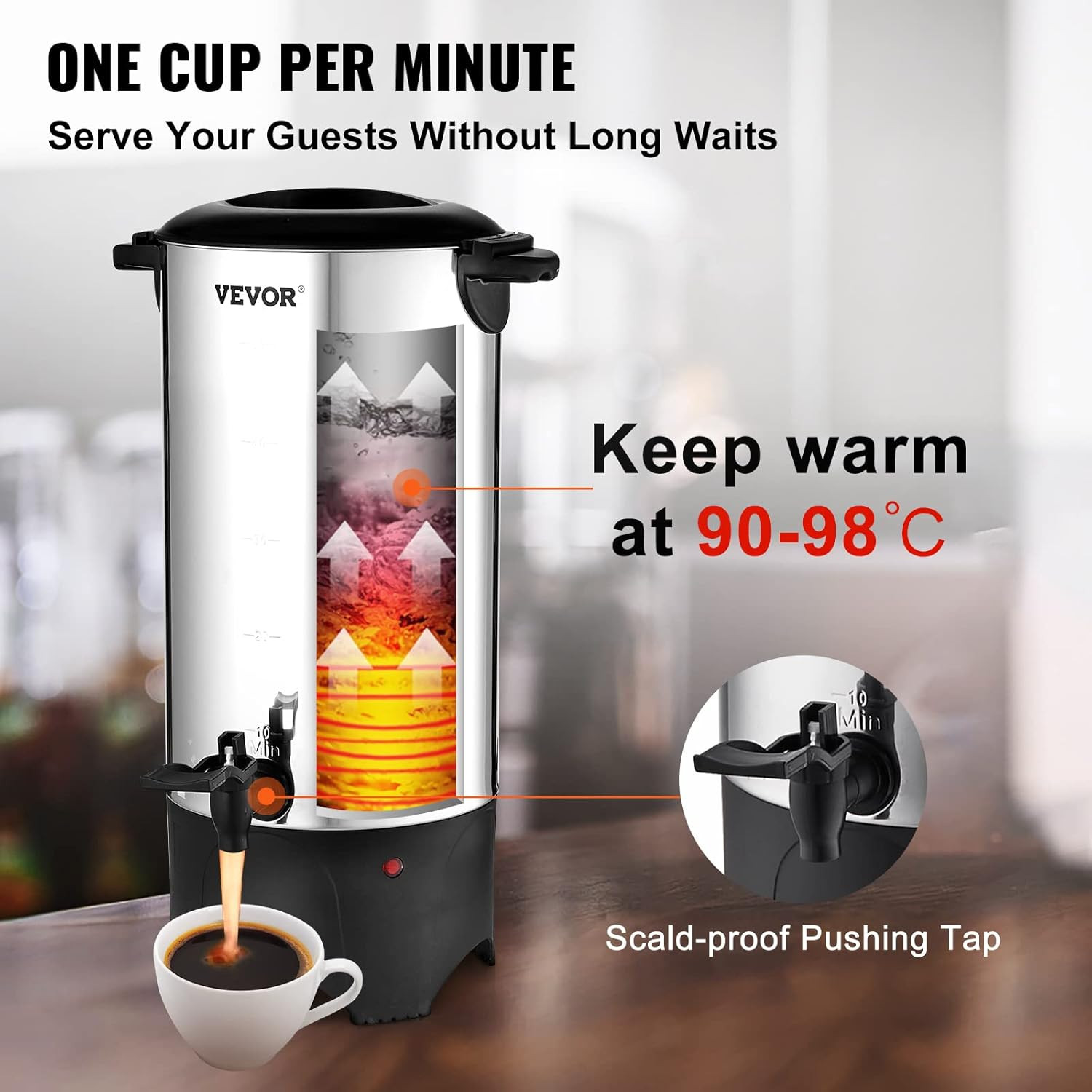 Commercial Coffee Urn, 50 Cups/7.5L Stainless Steel Large Coffee Dispenser, 1000
