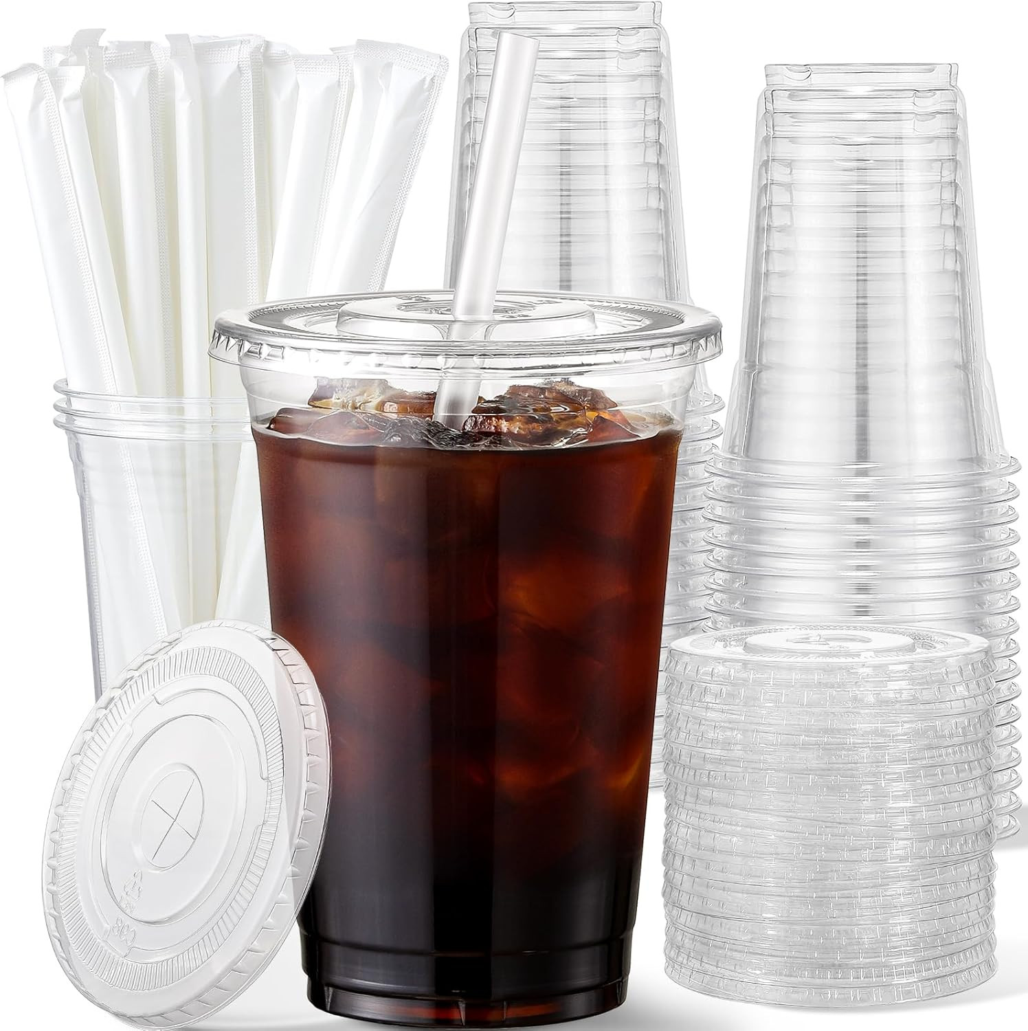 AOZITA 16 Oz Plastic Cups with Lids and Straws, 50 Pack, Disposable Iced Coffee