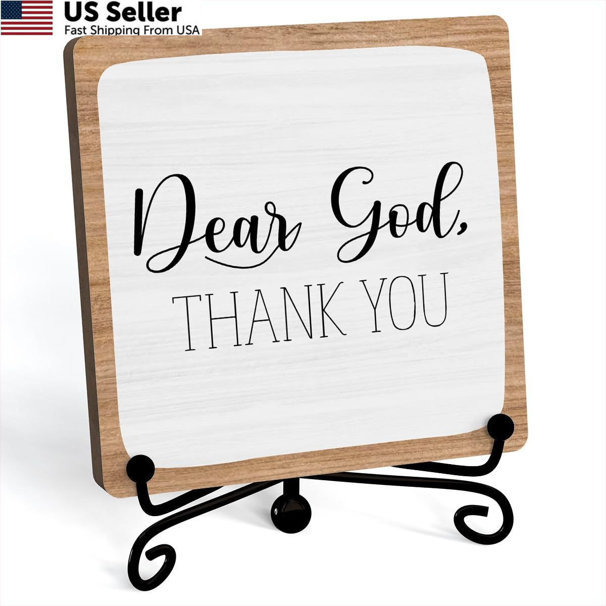 Home Decor, Farmhouse Shelf Table Wooden Sign with Iron Stand, Dear God