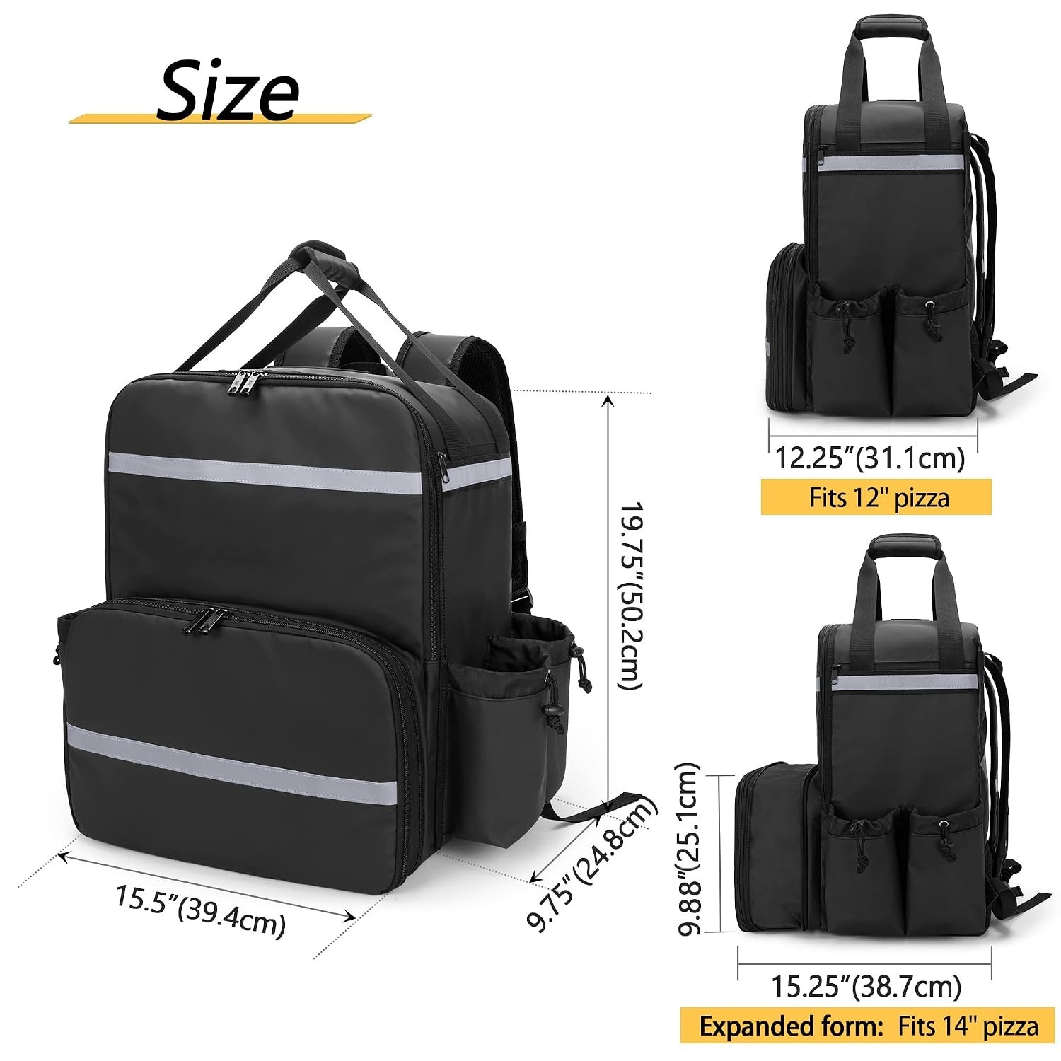 Expandable Food Delivery Backpack with 4 Cups Holder, 14” Pizza Delivery Bag