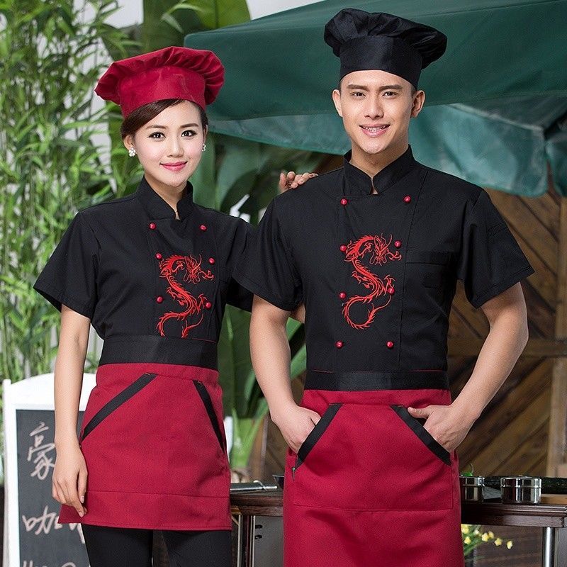 Men Women Chinese Dragon Printed Chef Apparel Uniform Jacket Coat Food Service