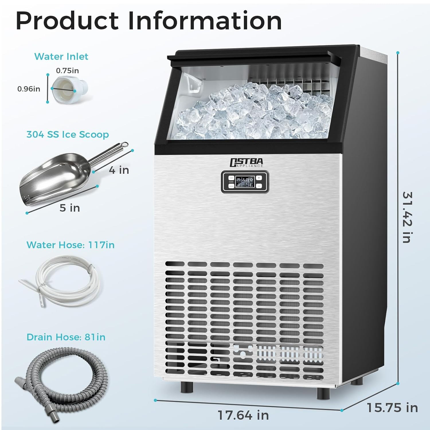 Commercial Ice Maker Machine, 100Lbs/24H under Counter Ice Machine, 45 Clear Ice