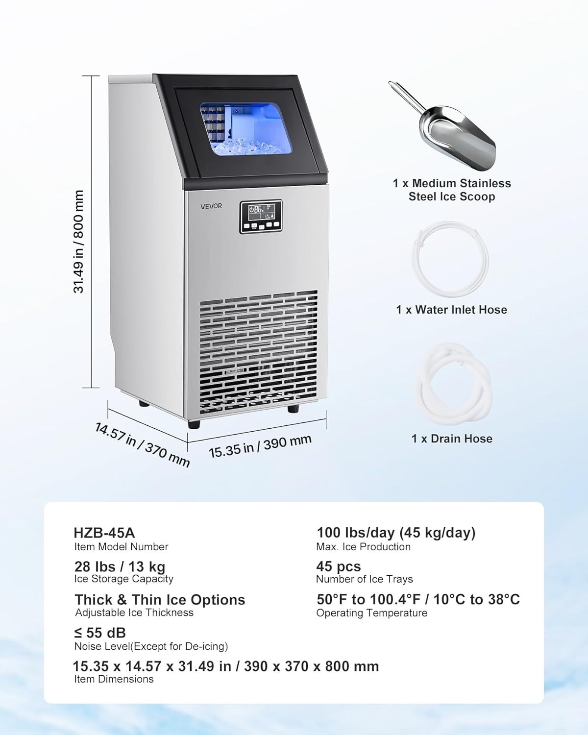 Elegant Commercial Ice Maker – 100 lbs/24h with 28 lbs Storage & Self-Cleaning