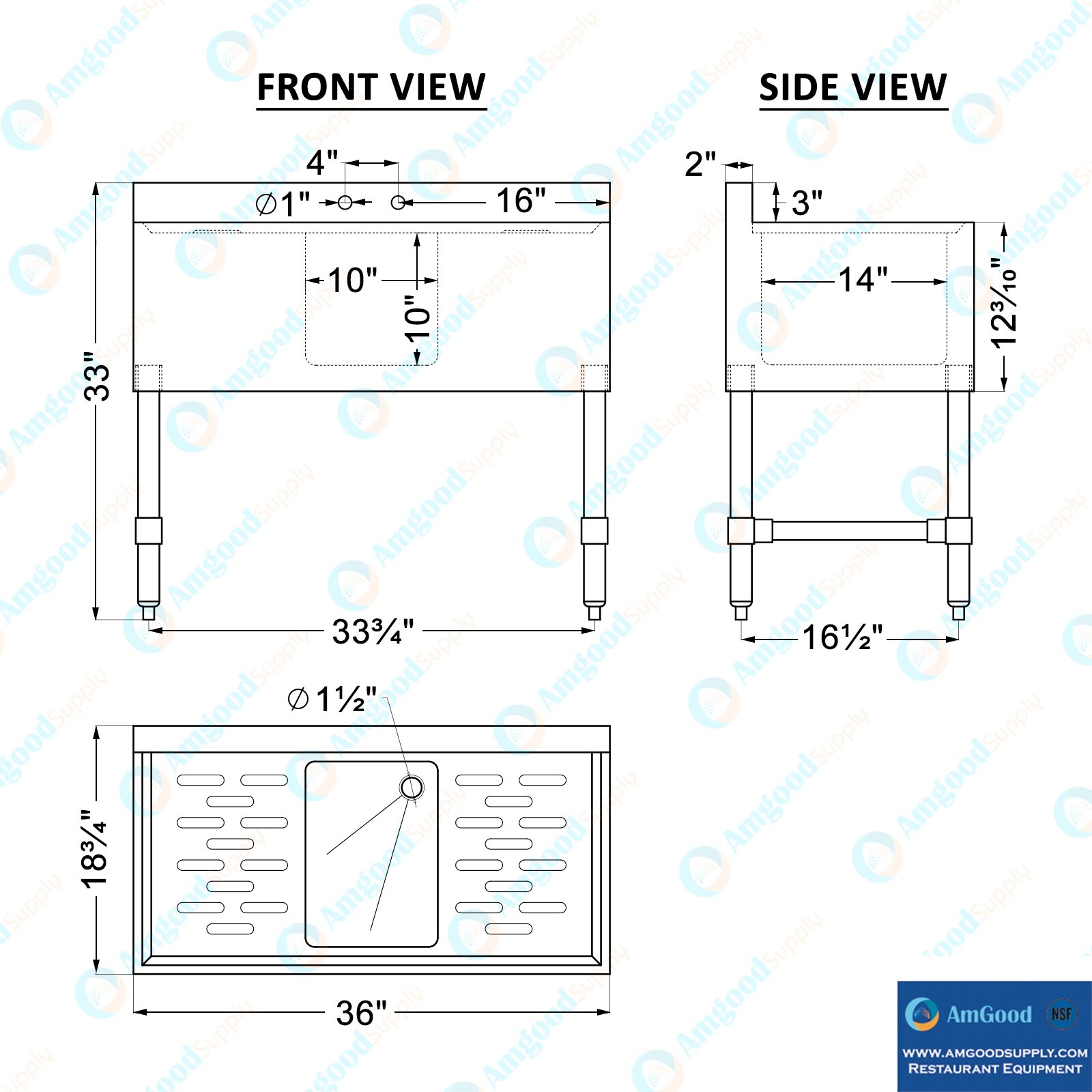 36 in. x 19 in. One Compartment Underbar Sink With Left and Right Drainboards