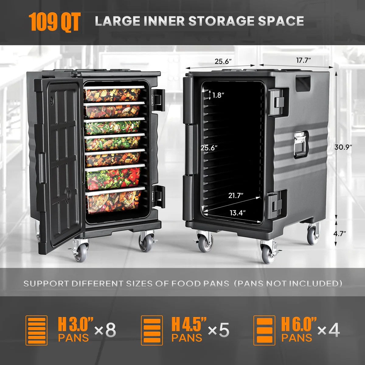 Portable 109QT Portable Food Warmer – 4 Lockable Wheels, 3-5H Cold, 7 Pans Black