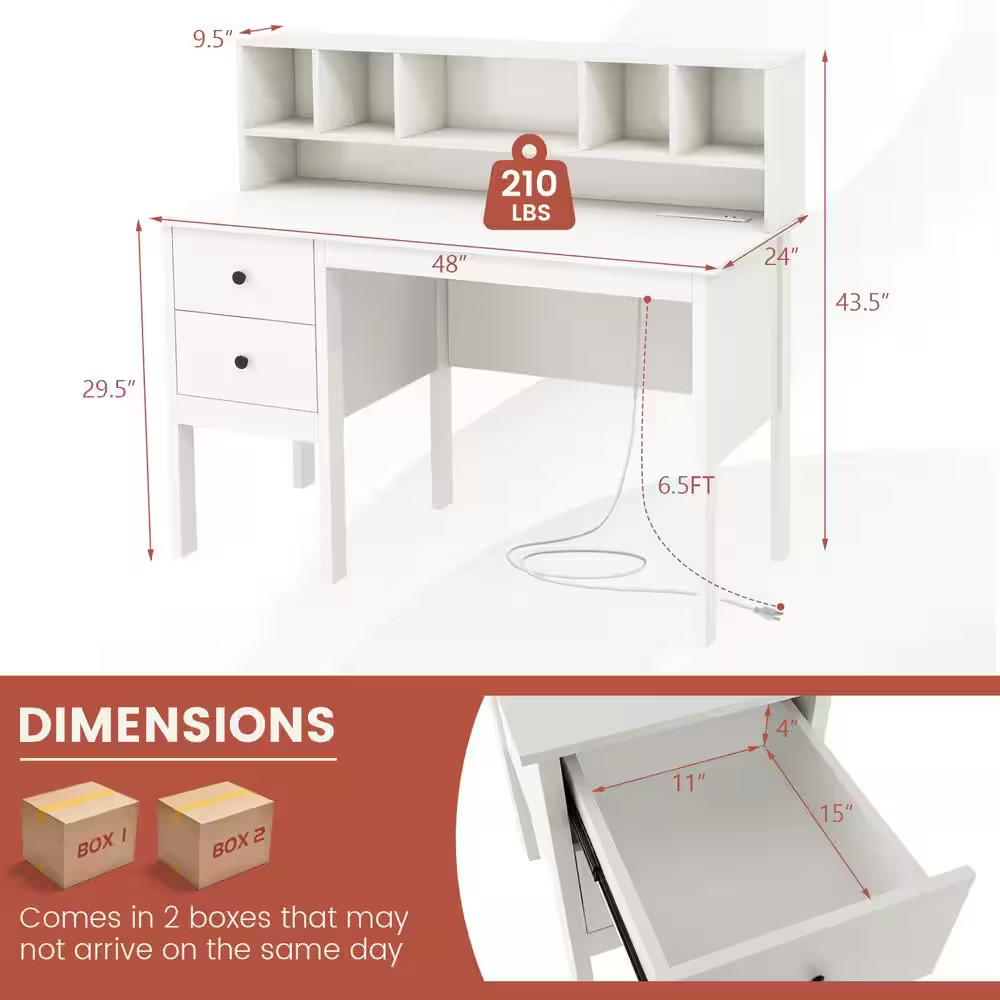 47 In. H Regular White Engineered Wood 2-Drawer Computer Desk Assemble