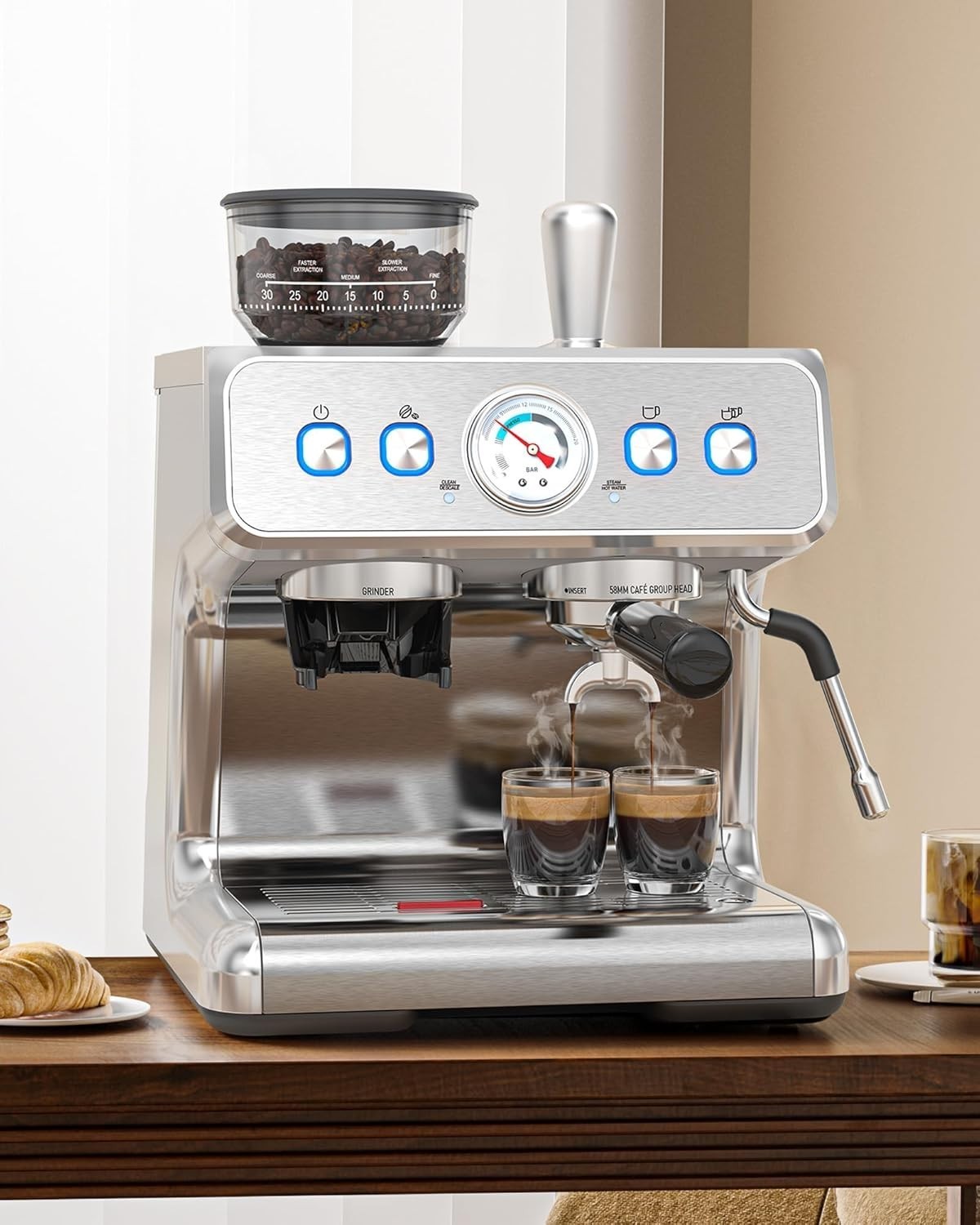 Commercial Espresso Machine 15 Bar, Semi-Automatic Coffee Maker w/ Bean Grinder