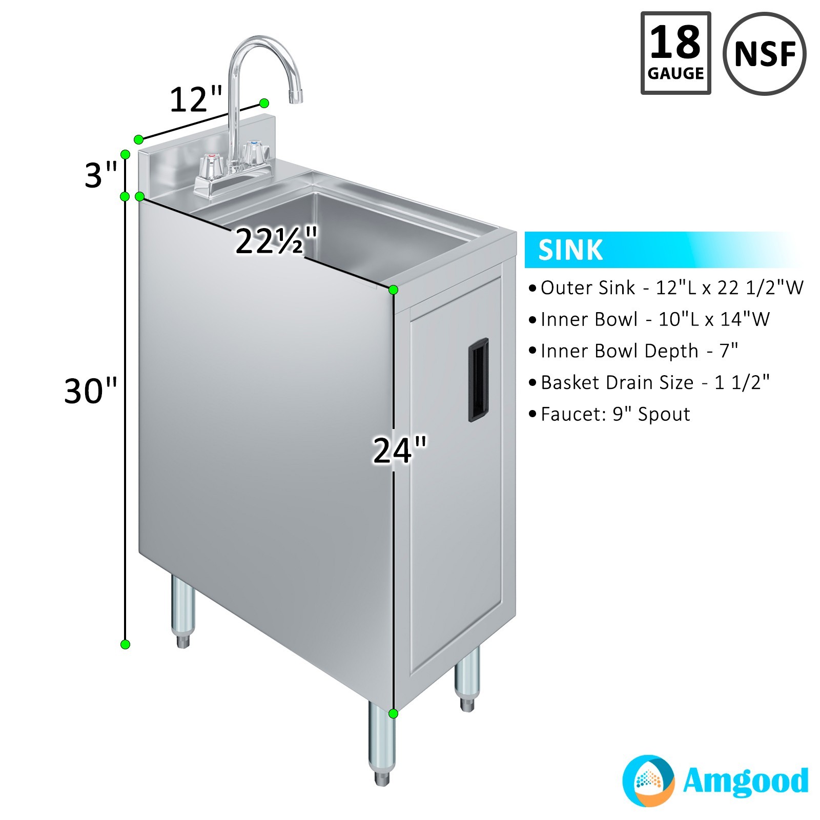 AmGood 22 in. x 12 in. Stainless Steel Underbar Hand Sink with Cabinet Base