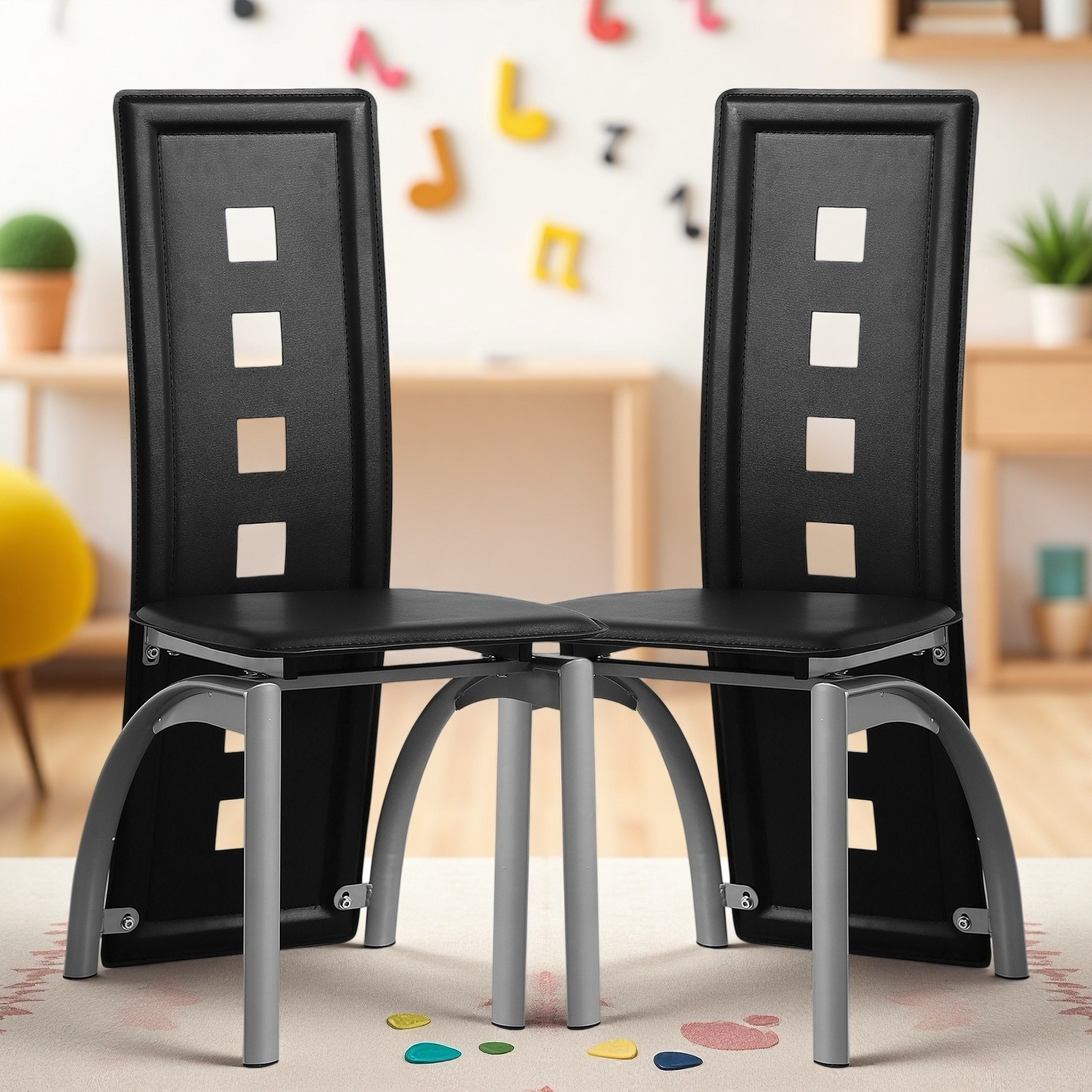 4pcs Dining Chairs – PU Leather, High Back Square Cutout Design & Chrome Legs