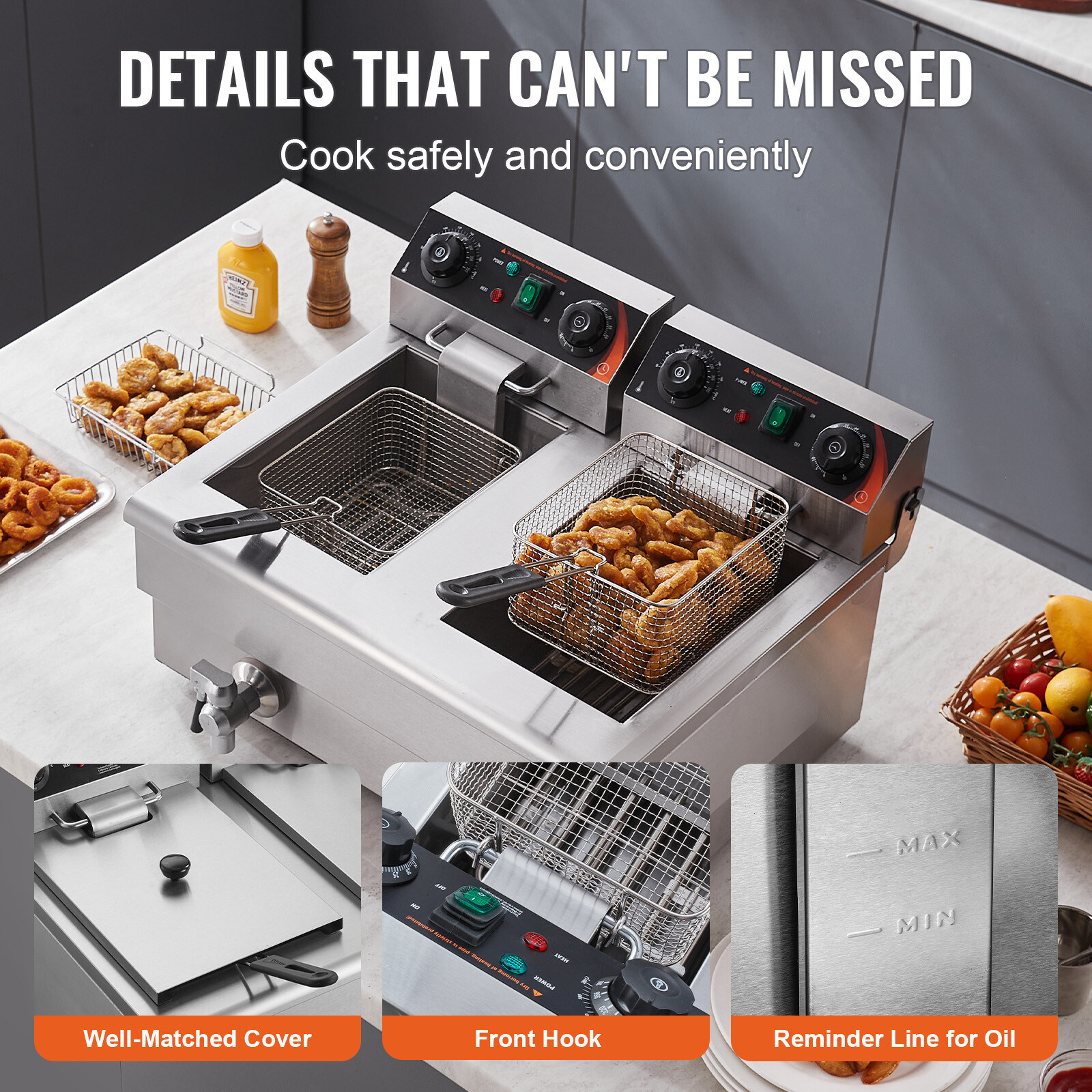 22L Commercial Electric Deep Fryer Countertop Deep Fryer w/ Dual Tanks 3000W
