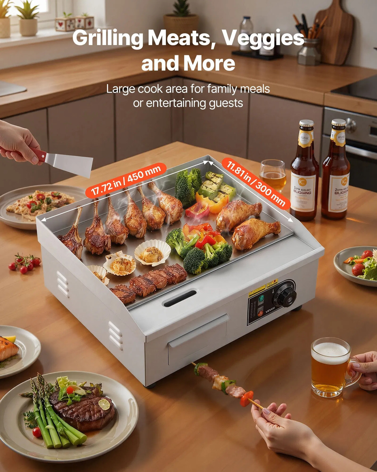 Commercial Electric Griddle, 17.72 x 11.81 inch, 1750W, 122-570°F Adjustable Te