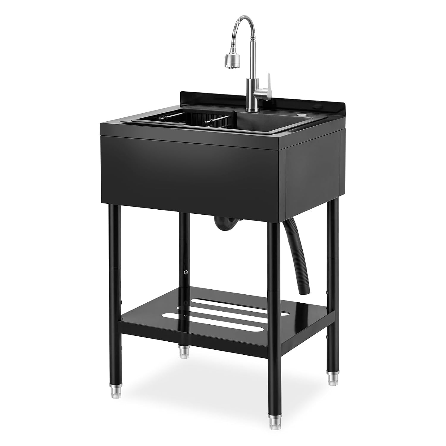 Black Adjustable Stainless Steel Utility Basin Single Bowl Freestanding w/Faucet