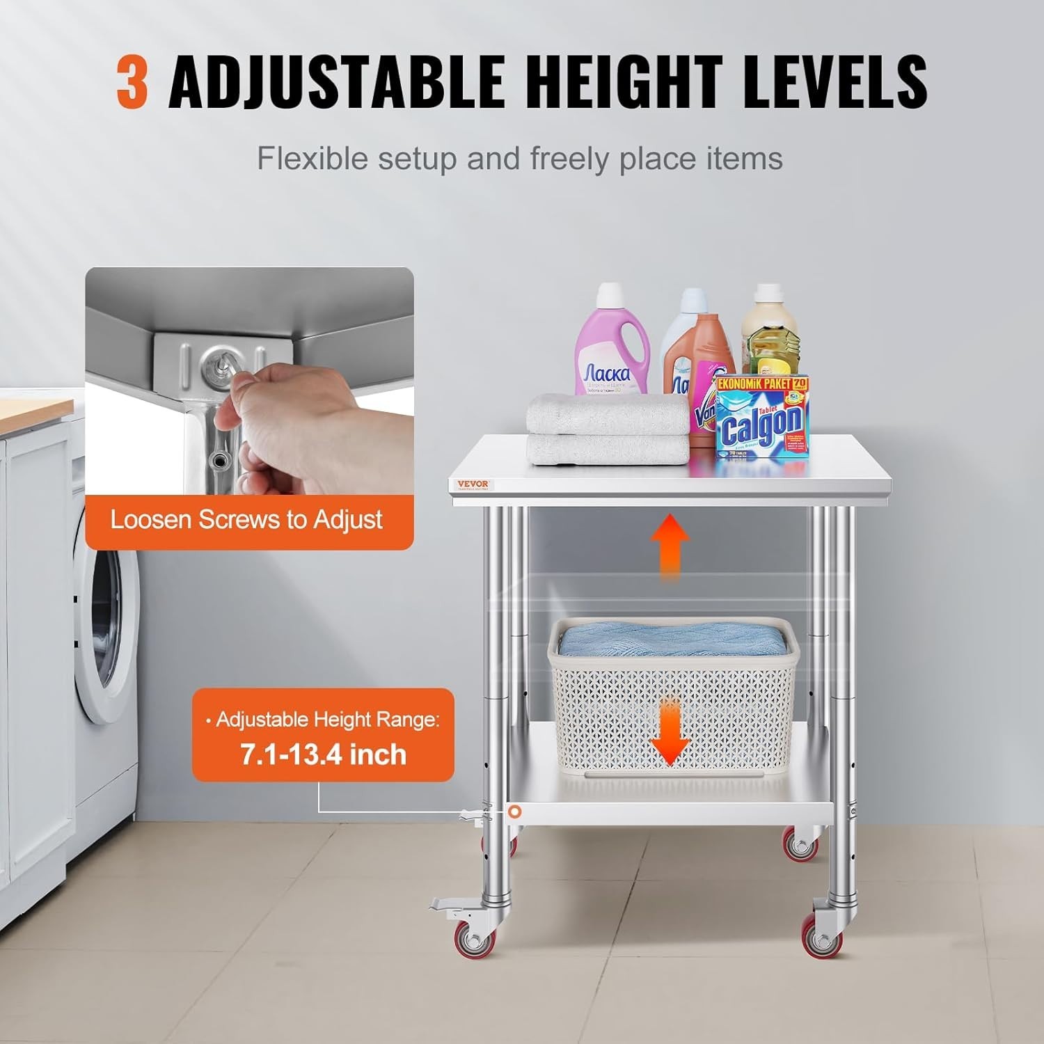 Stainless Steel Work Table with Adjustable Shelf 24 x 30 Inch Mobile Design