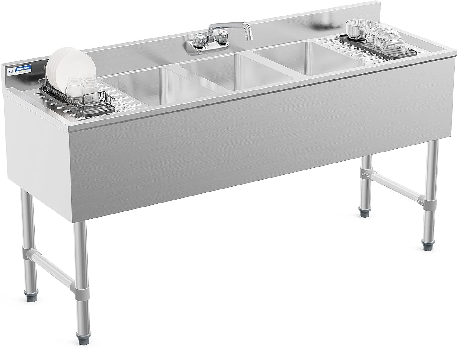 Commercial Kitchen Sink with 3 Compartments and Double Drainboard for Restaurant