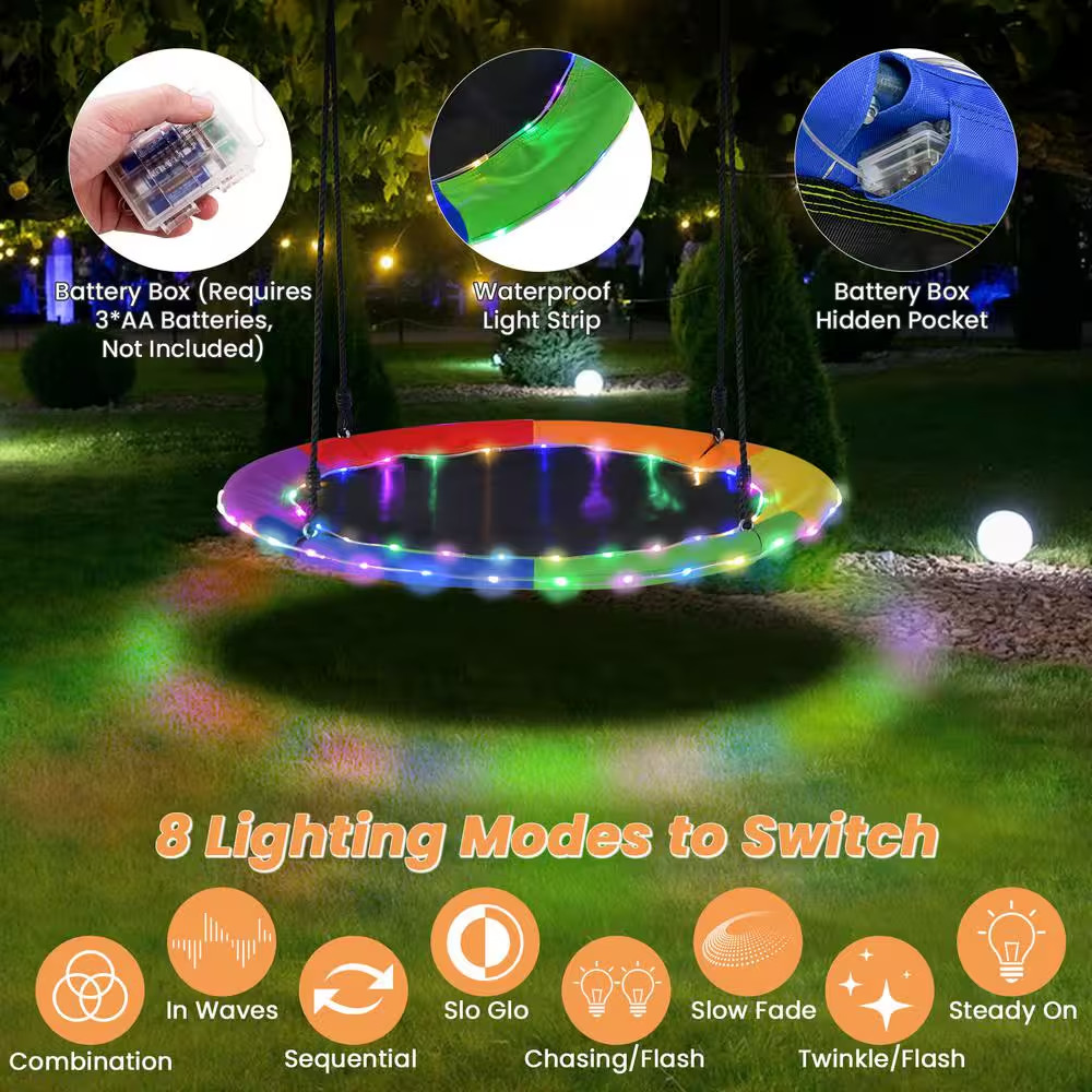 40 In. Saucer Tree Swing 660 Lbs. for Kids Adults Outdoor with LED Lights Rainbo