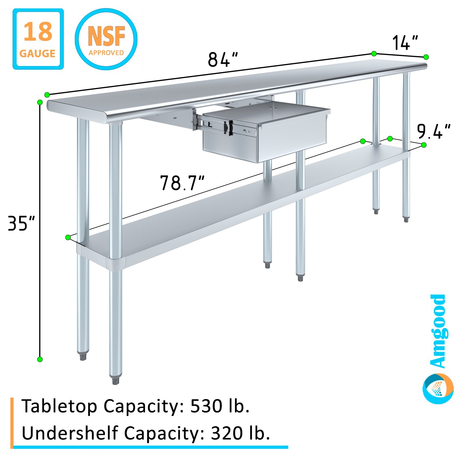 14 in. x 84 in. Stainless Steel Work Table With Drawer