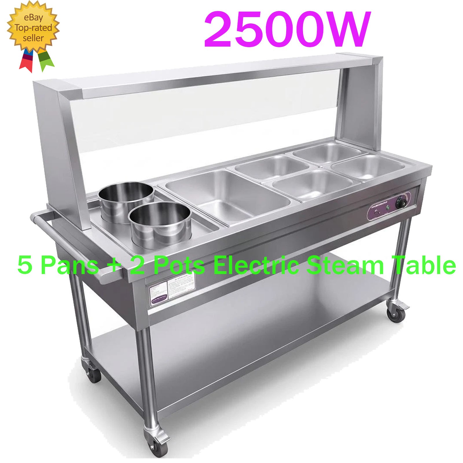 5 Pans + 2 Pots Steam Table Electric Commercial Food Warmer w/Undershelf Shield