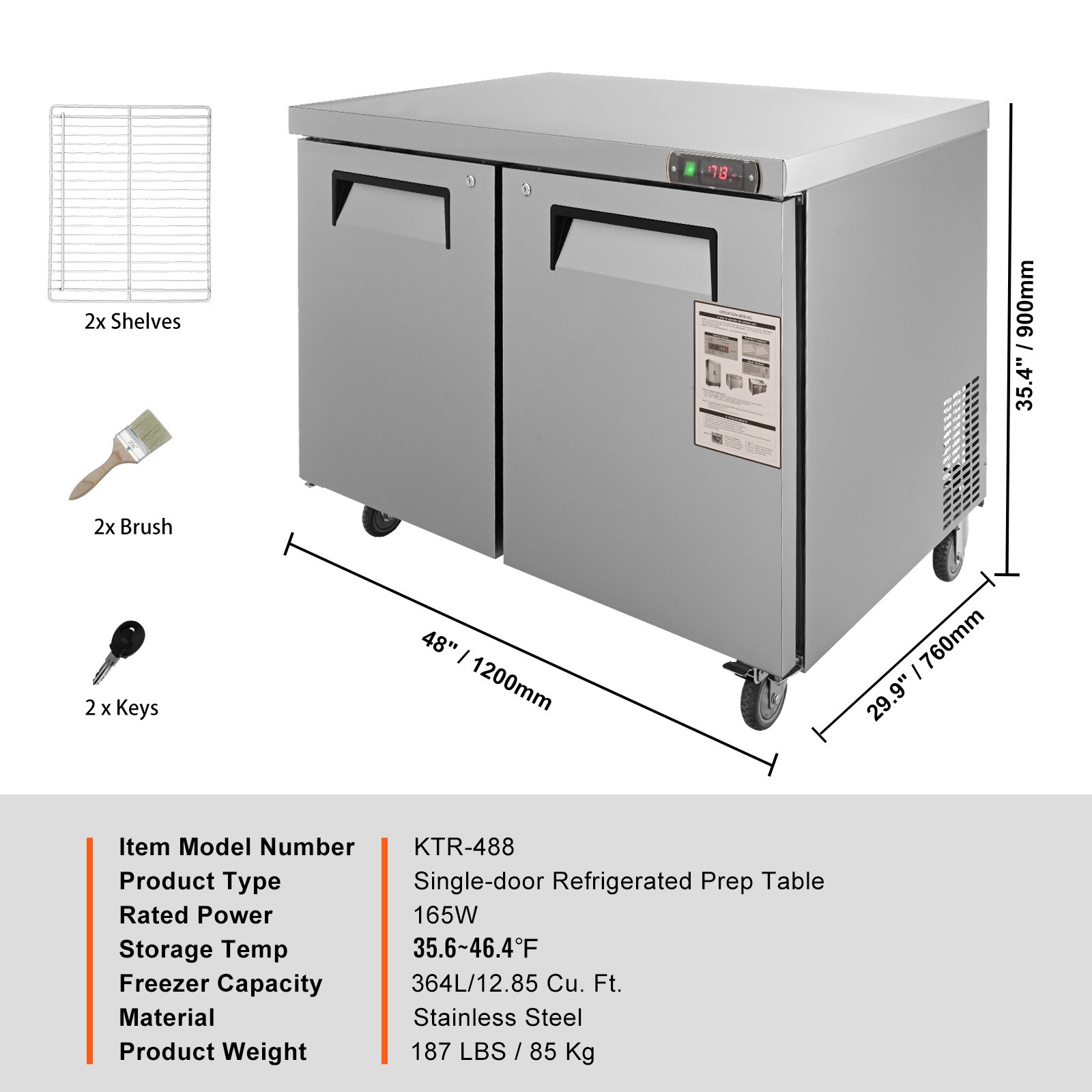 VEVOR 48″ Undercounter Worktop Refrigerator Prep Table 12.9 Cu.Ft Cooler 2 Doors