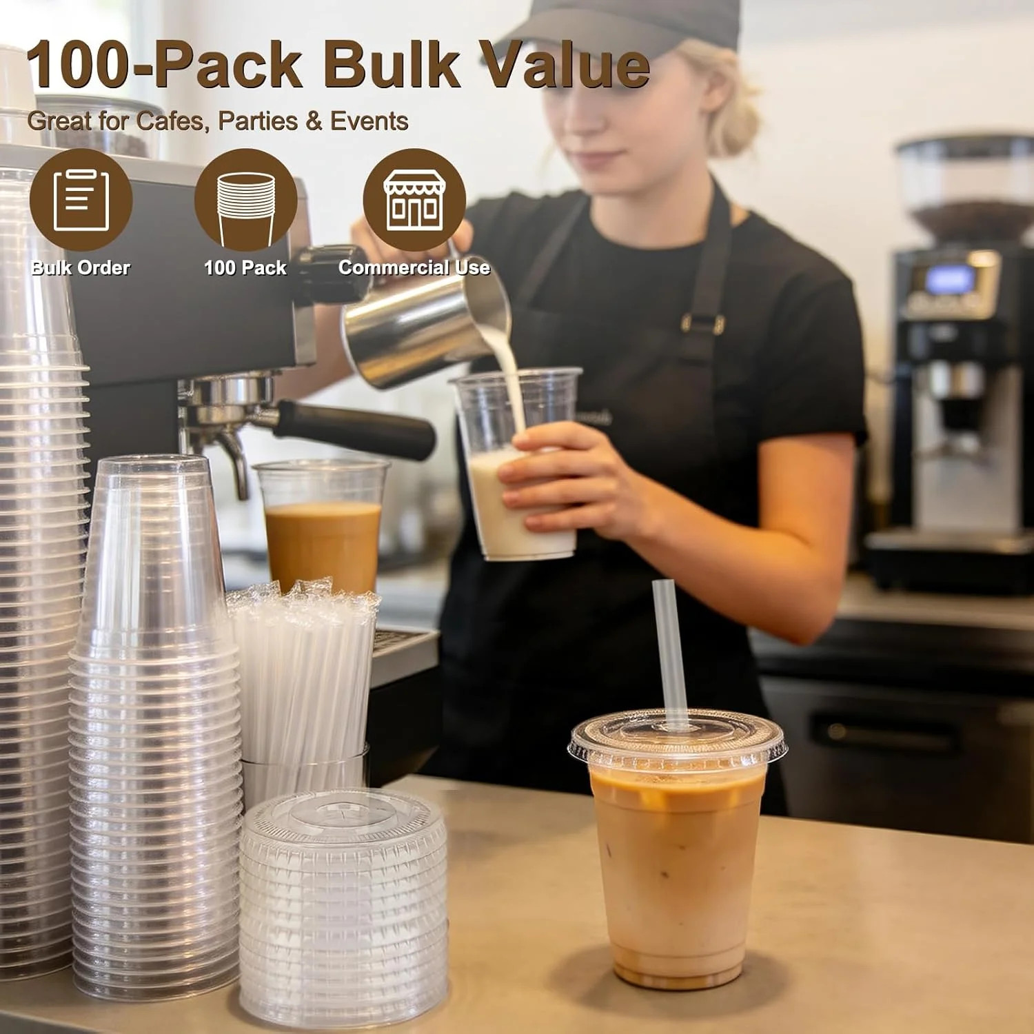 100 Pack 16oz Clear Plastic Cups with Lids & Straws, Leak-Proof Disposable Iced