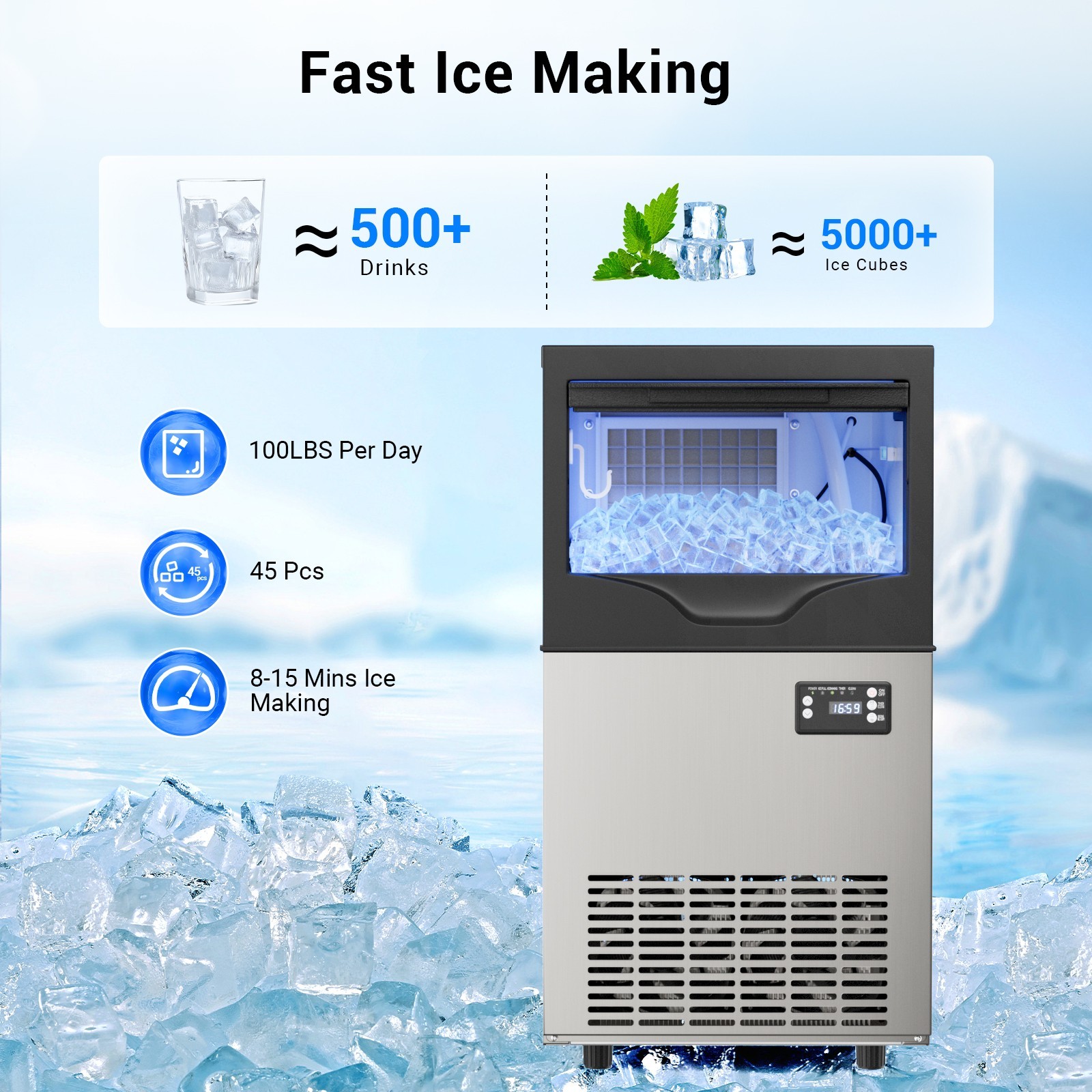 100LB/24h Built-In Commercial Ice Maker Stainless Ice Cube Machine Freestanding