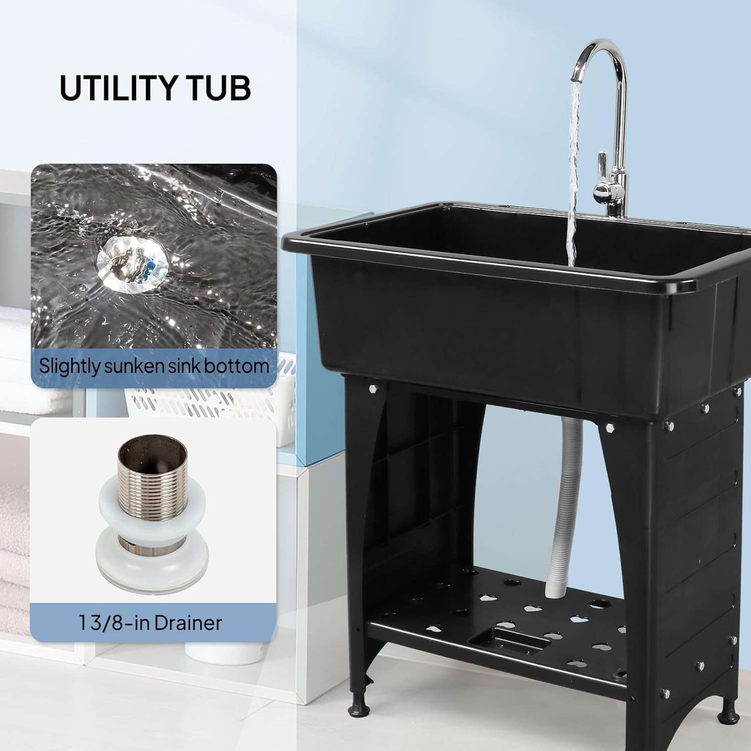 Freestanding Utility Sink with Removable Drainboard and Faucet for Laundry Room