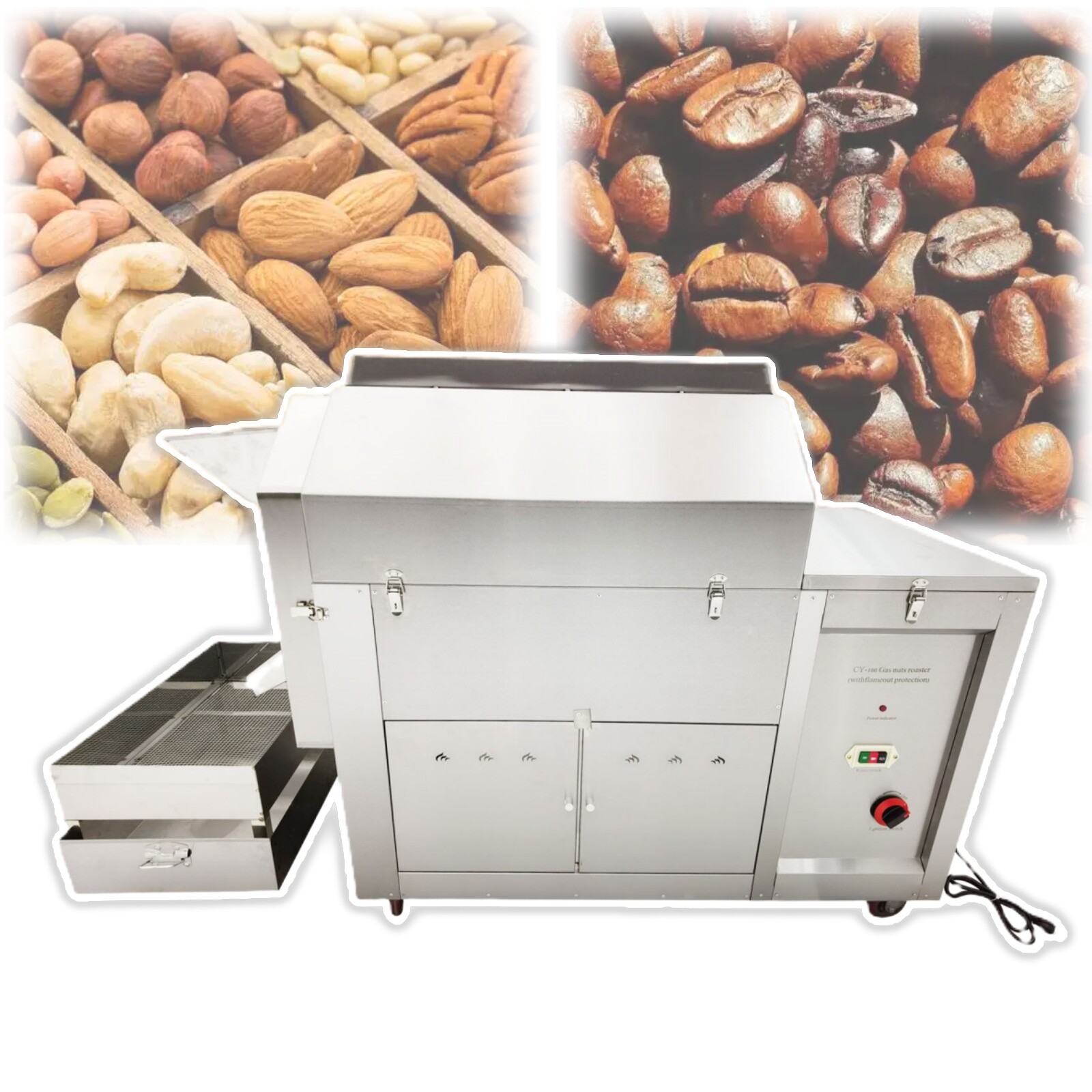 220V 110LBS Auto Commercial Coffee Bean Nut Roaster Roller Gas Roasting Machine