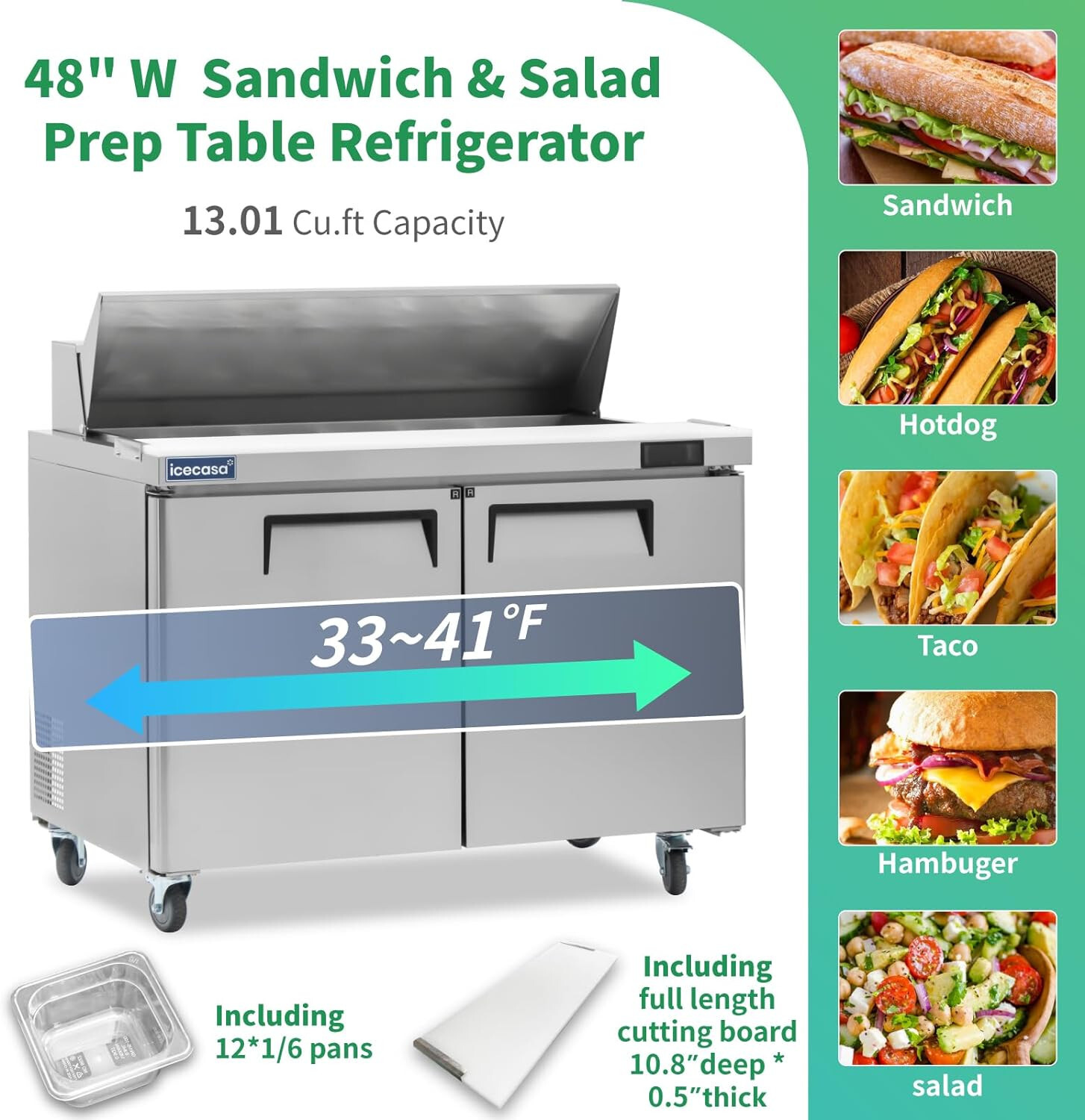 48″ Sandwich Prep Table Fridge, ICECASA 2 Door Food Bain Marie Cooler, 12 Pans