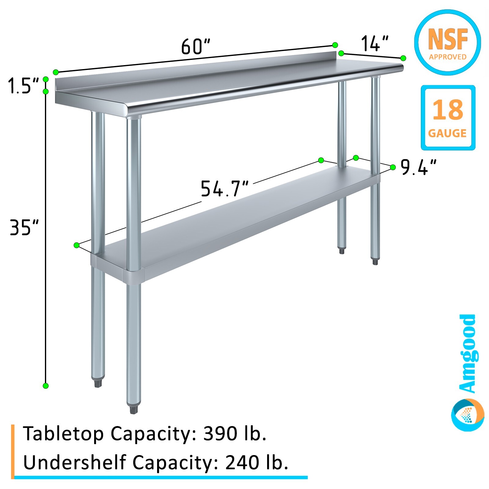 14 in. x 60 in. Stainless Steel Work Table with 1.5 in. Backsplash