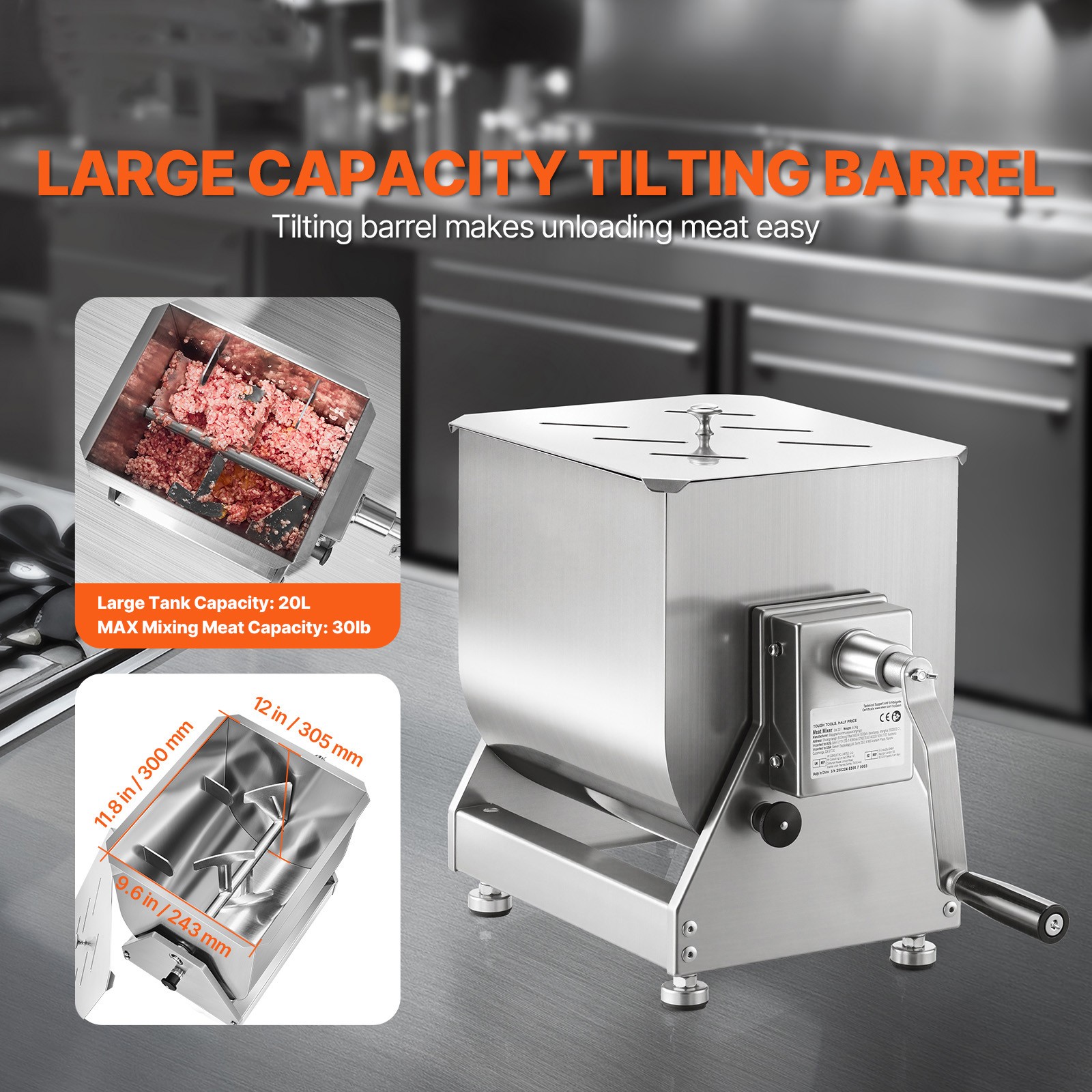 30LB Tilt Manual Meat Mixer Hand Meat Sausage Mixer Machine Stainless Steel