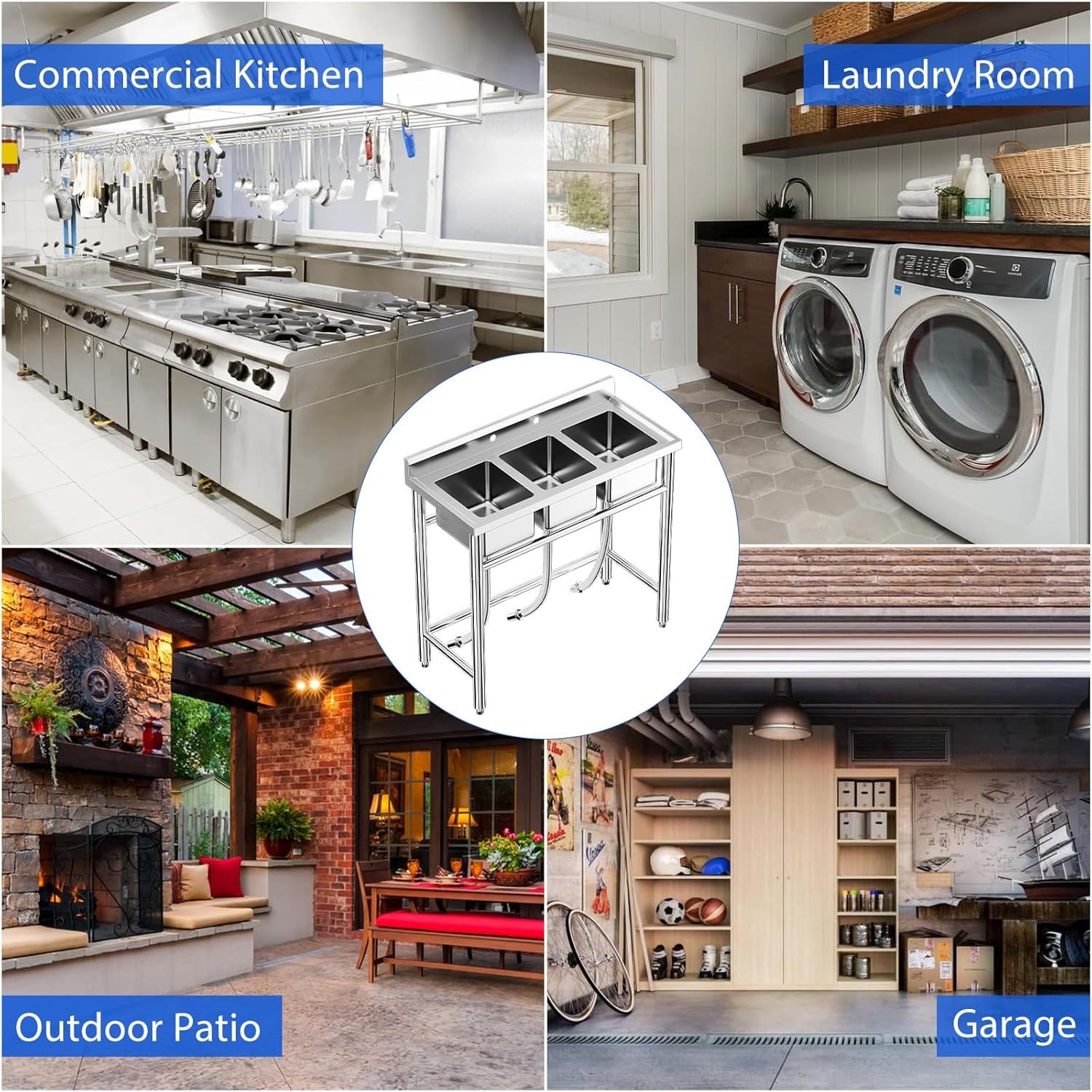 Kitchen Sink Stainless Steel Commercial 3 Compartment Utility Sink W/ Backsplash