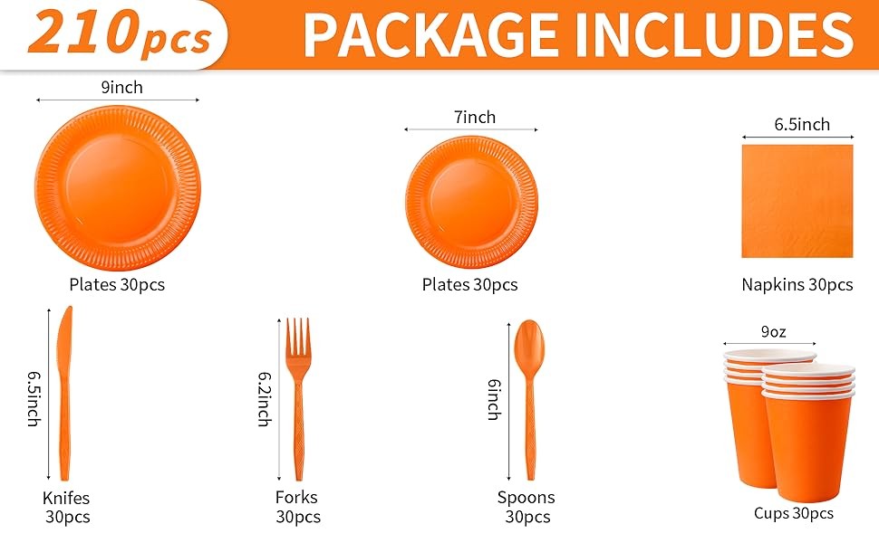 210pcs Orange Paper Plates Disposable Tableware Party Supplies- Includes 9″