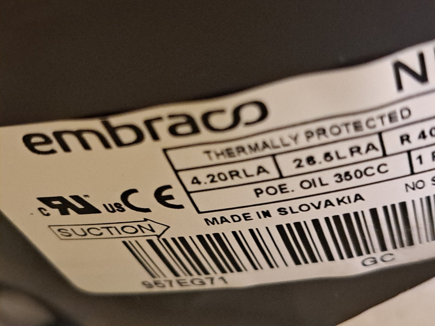 Embraco NEK2125GK Refrigeration Compressor NEW, open box
